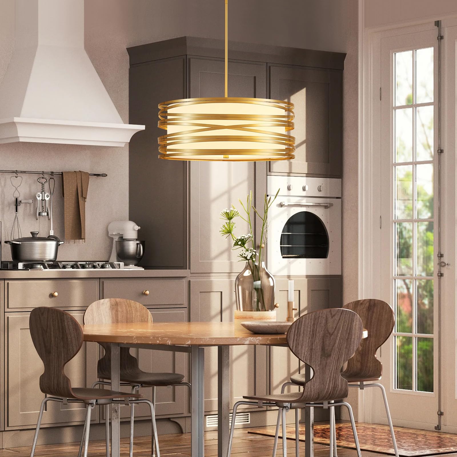 Yomecoo 19.7 Drum Chandelier Light Fixture Vintage Modern 5-Lights Golden Chandelier With White Linen Lampshade Rustic Farmhouse