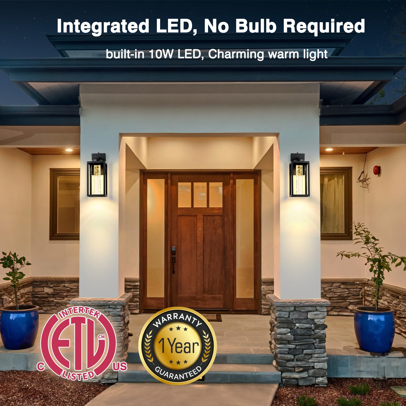 Vianis Large Exterior Lighting Fixtures, Black Outdoor Porch Lights For House, 10W Led Modern For Patio With Crystal Bubble Glas