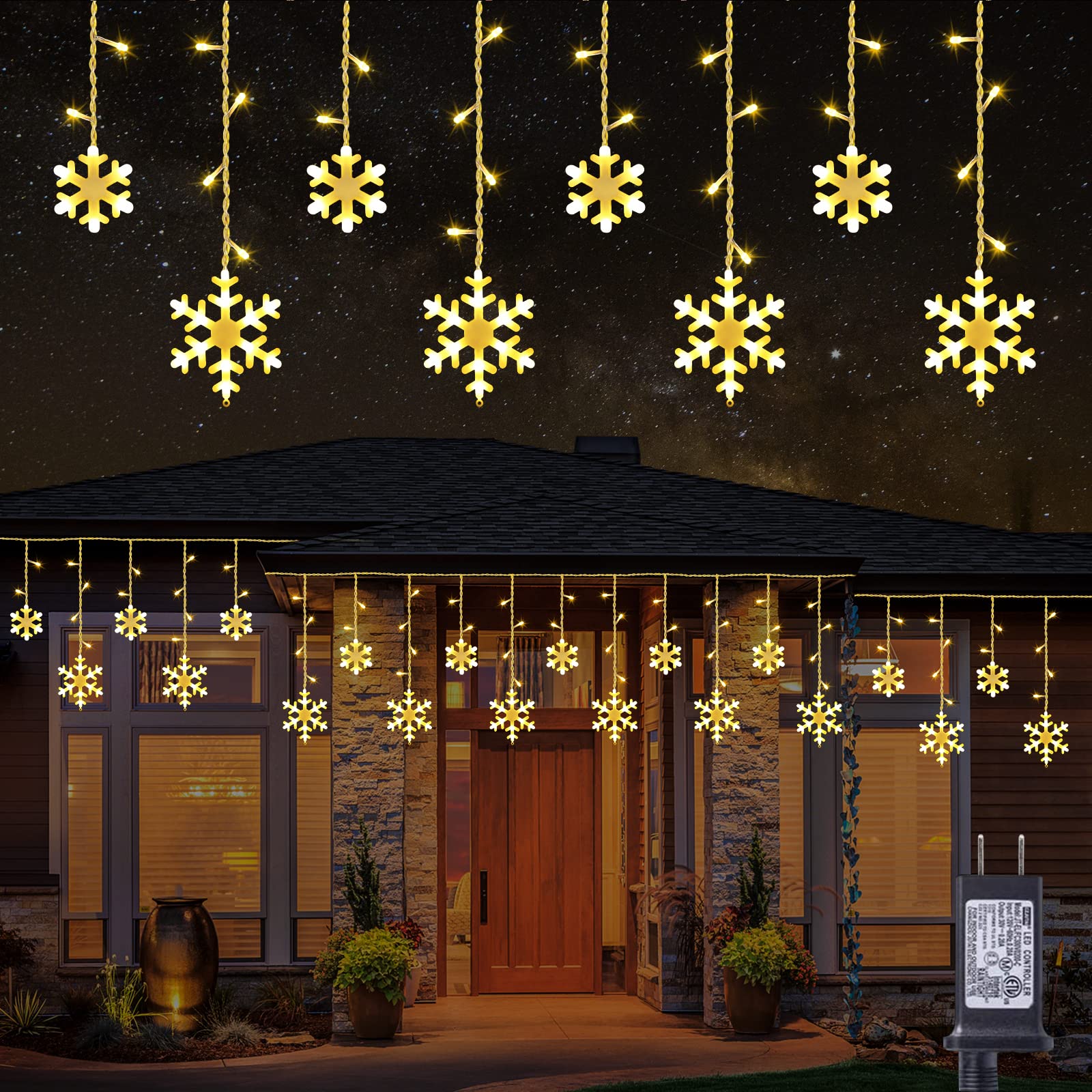 Christmas Snowflake Lights Outdoor, 17.22ft 264 LED Snowflake Icicle Lights with 22 Drops, 8 Modes connectable Plug In Christmas