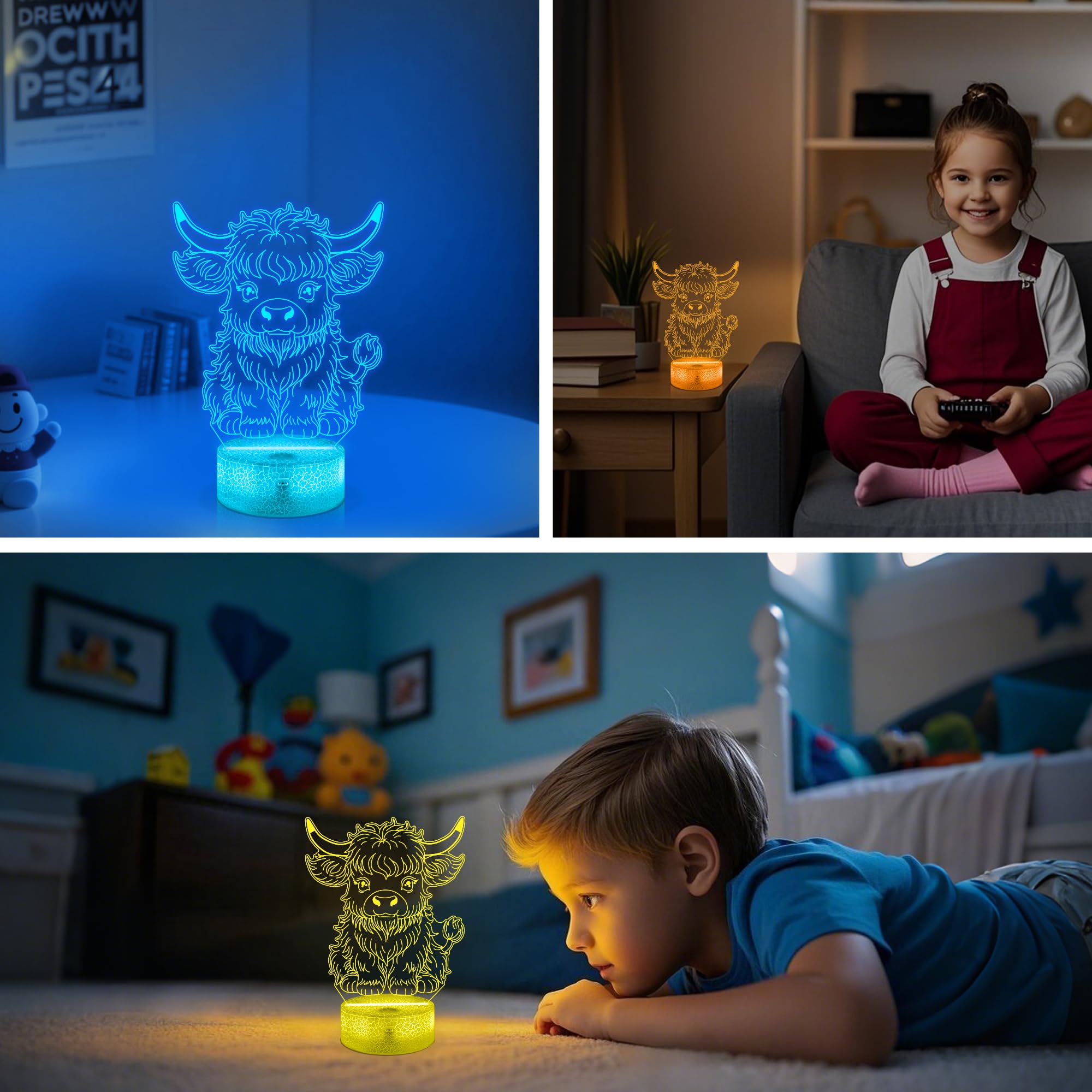 Okiyid Highland Cow Gifts For Boys Girls Highland Cow Night Light 3D Illusion Lamp With 16 Colors Changing Moo Decor For Kids Room Decor Birthday Gifts