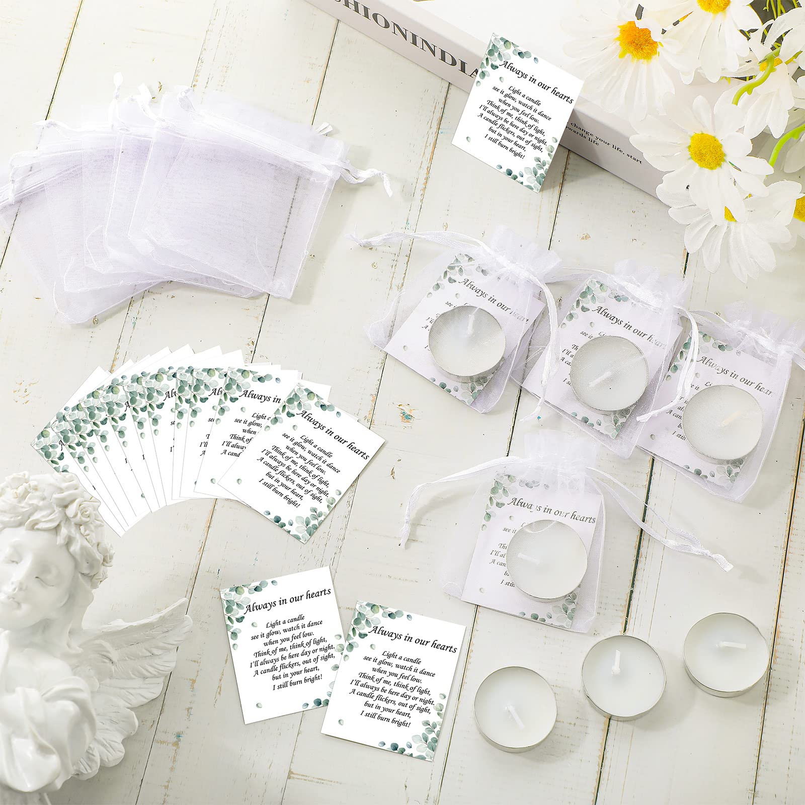 Coume 50 Set Unscented Tealight Candles with Organza Bags & Cards - White Memorial Party Favors for Celebration of Life