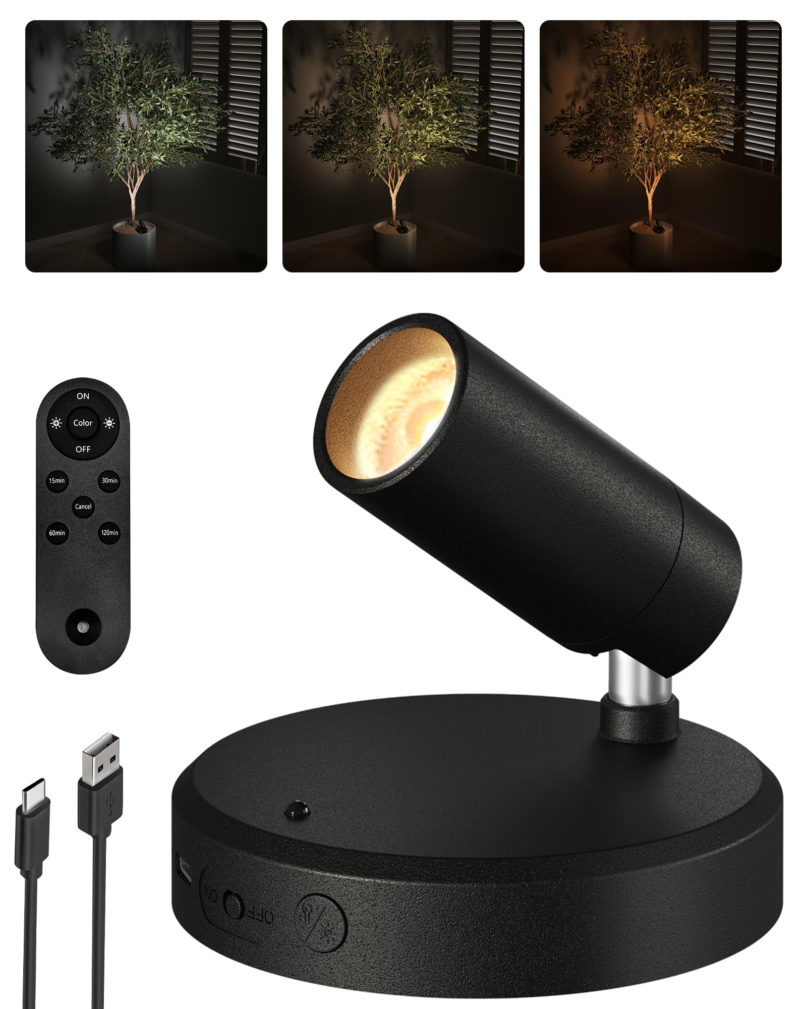 EZVALO Wireless LED Spotlights Indoor  5500mAh Rechargeable Battery Powered Plants Spotlights Indoor  Dimmable & Timer  3 CCT Small Up Lights with Remote  Accent Uplighting for Artwork Tree(Black)