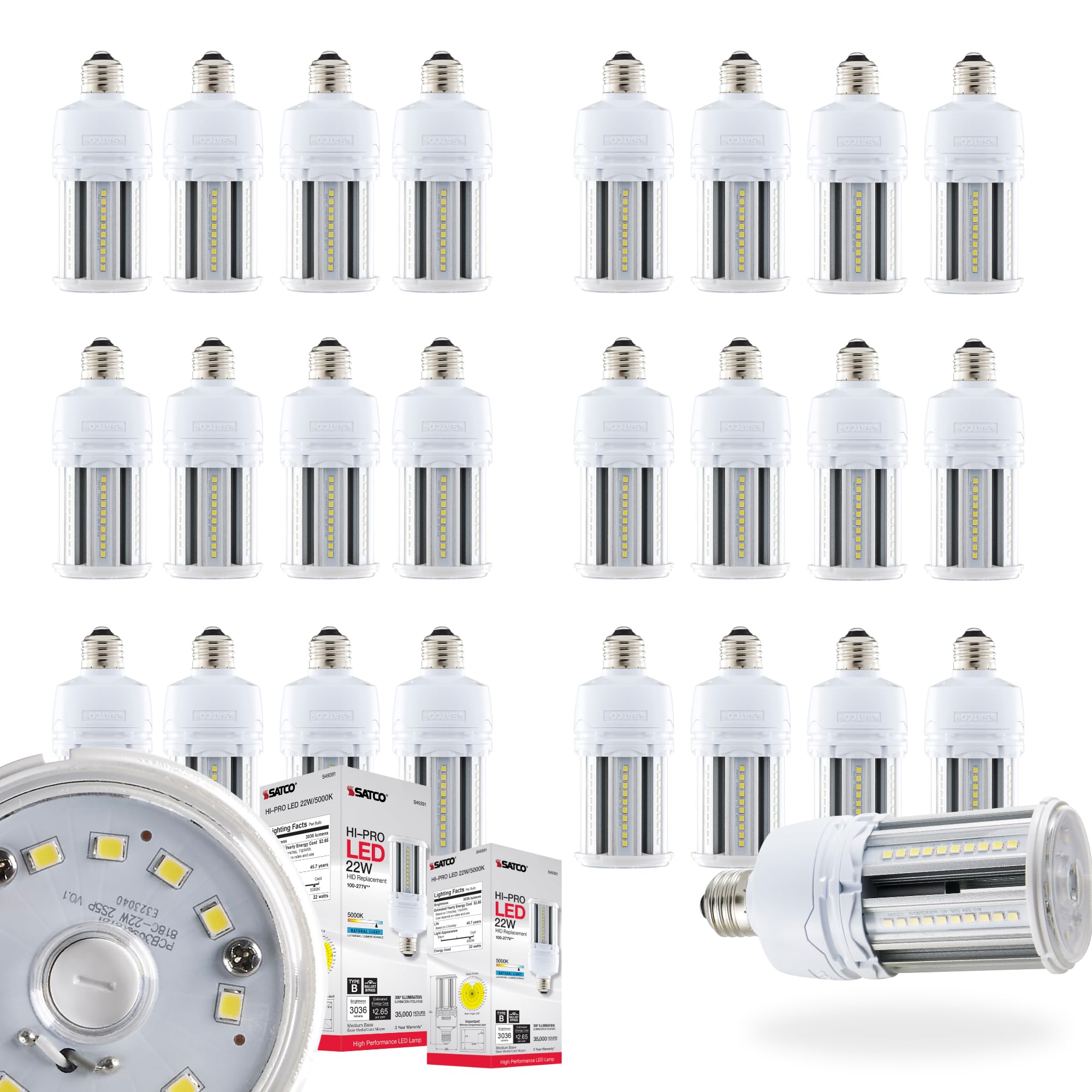 Satco 22W LED Corncob Bulb, 5000K, Medium Base, White, 24 Pack