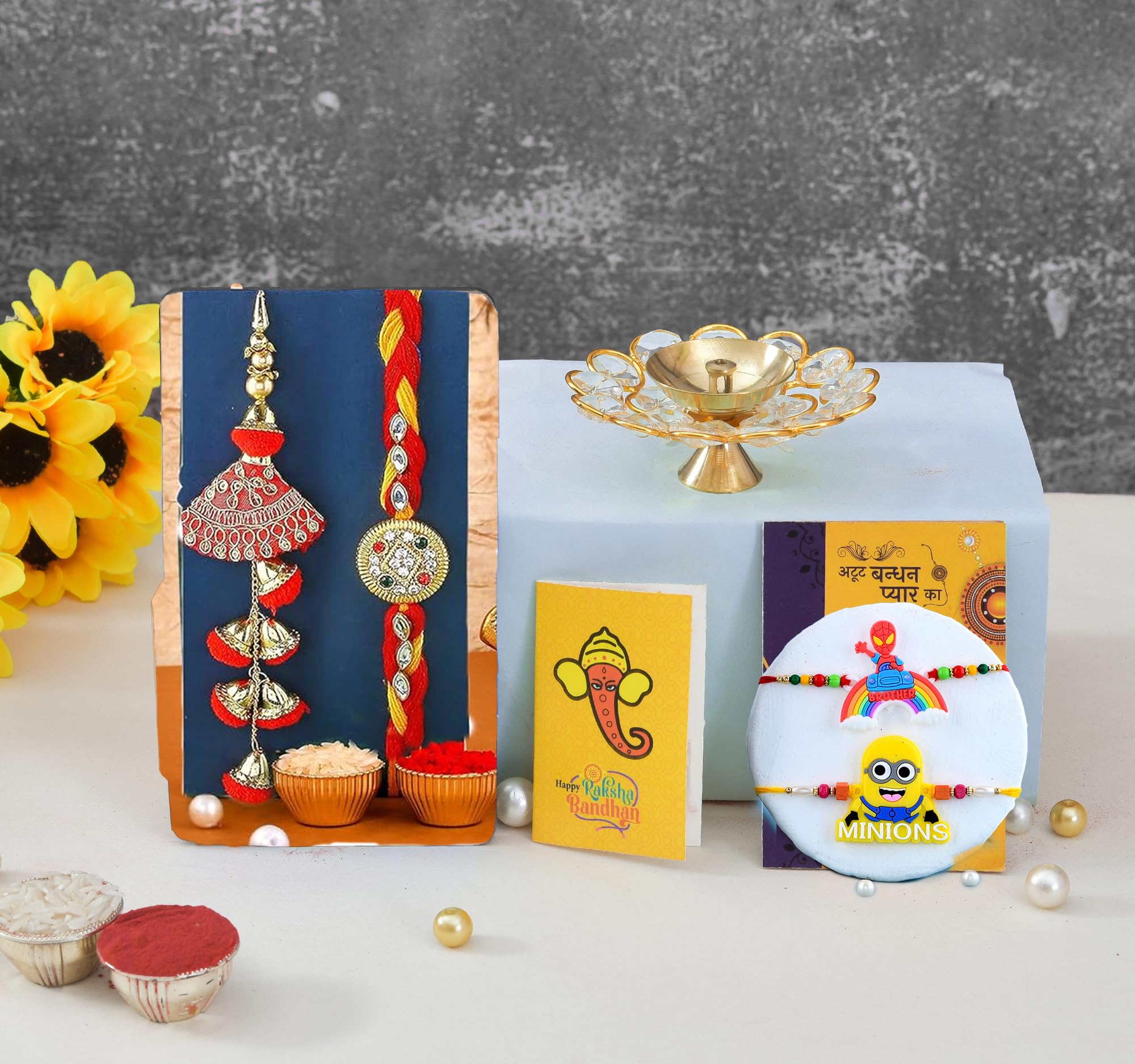 Rakhi Gift Combo for Brother, Brass Crystal Diya Oil Lamp with 4 Rakhi Gift Set - Rakhi for Bhaiya Bhabhi - Raksha Bandhan Card/