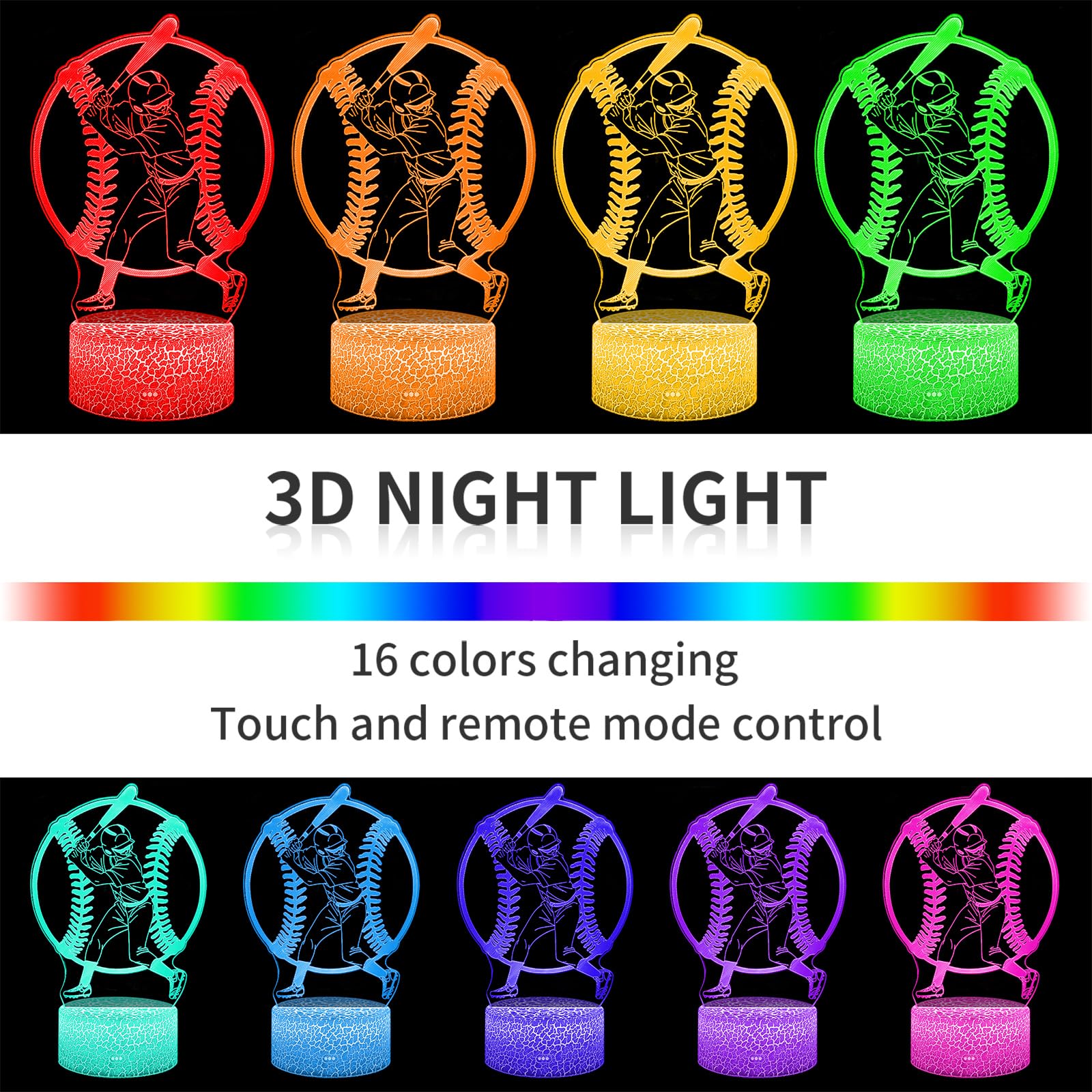 Bassi Baseball Gift 3D Night Light For Kids - 16 Colors & Flashing Modes With Remote Control Opreated Dimmable - Baseball Player
