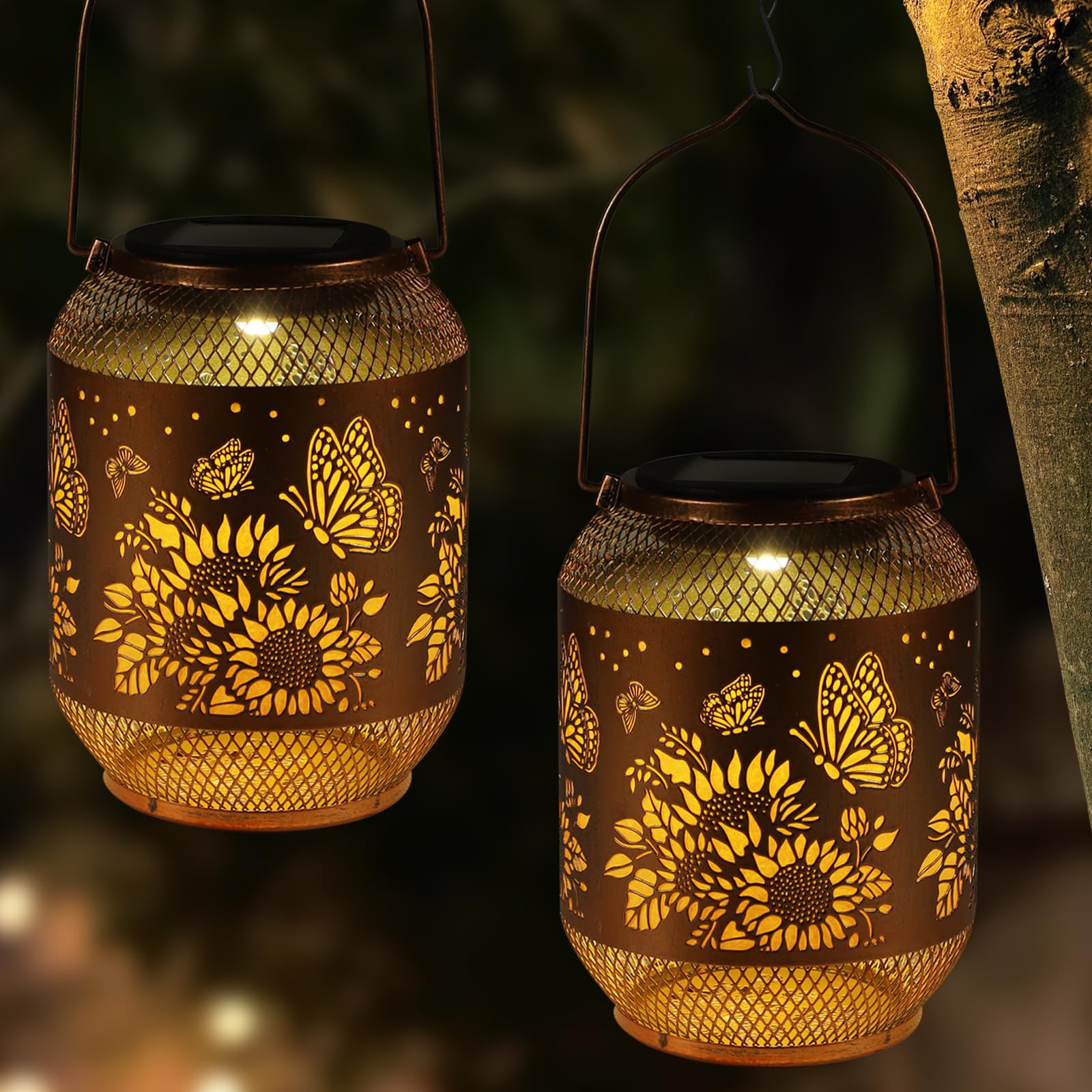 2 Pack Solar Lanterns Outdoor, Birthdays Gifts For Women Mom Grandma, Metal Waterproof Hanging Garden Decorative Solar Led Light For Yard, Patio, Lawn, Porch, Backyard (Butterfly And Sunflower)