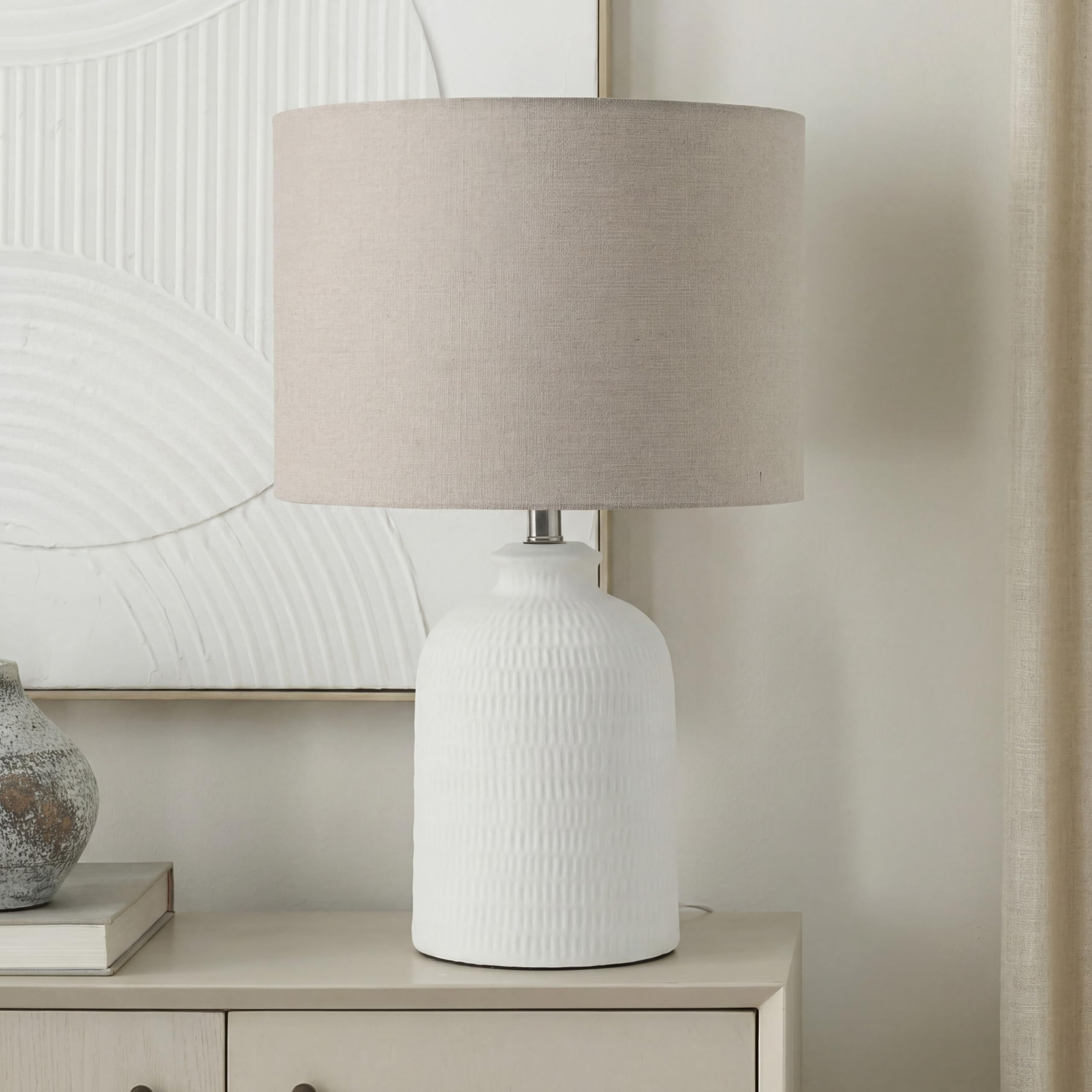 Nourison Home 24 White Textured Ceramic Modern Farmhouse Table Lamp with Beige Shade for Bedside Table, Living Room, Dining, Ent