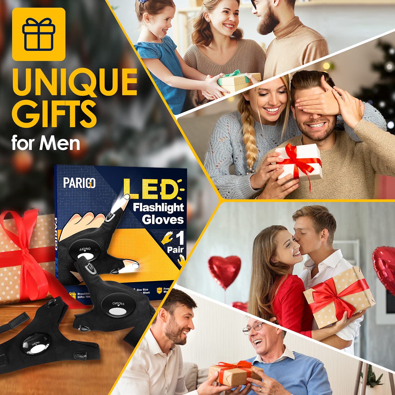 PARIGO LED Flashlight Gloves - Large, Black, Premium Spandex, Finger-less Design, Ideal Gift for Men, Dads, Fishing, Hunting, Camping