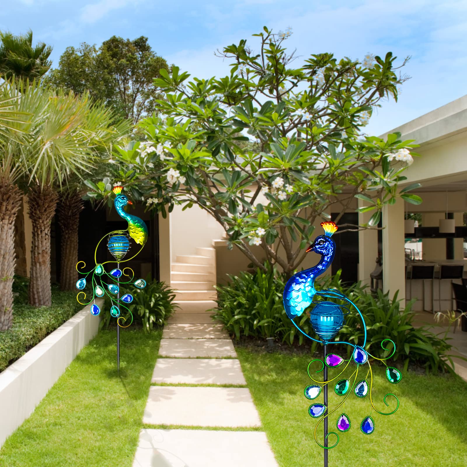 Viveta 2 Pack Metal Peacock Solar Lights Stake For Outdoor Garden Patio Decorations