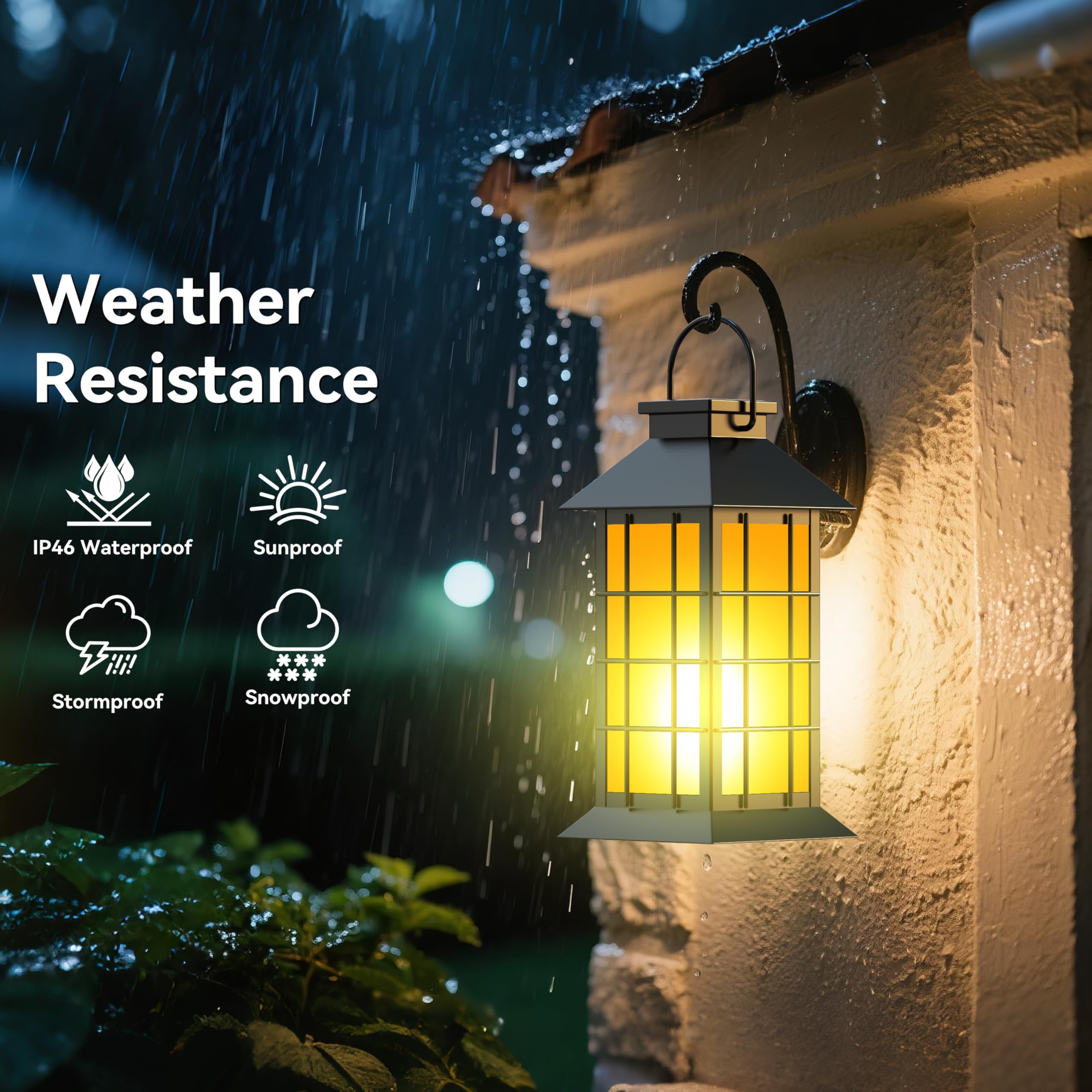 anyperfect 2 Pack Solar Lanterns - 13" Black Metal & Glass with Flickering Flame - Waterproof Outdoor Garden Lights