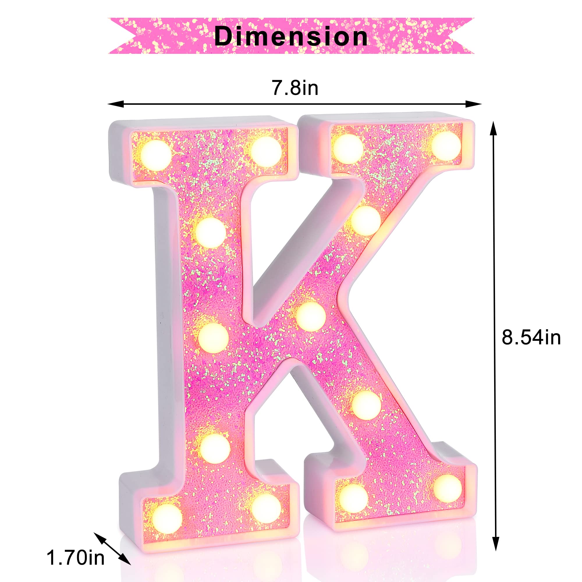 Foaky LED Letter Light Sign, Pink Glitter Alphabet, Battery Powered, Home Bar Decoration, Model K