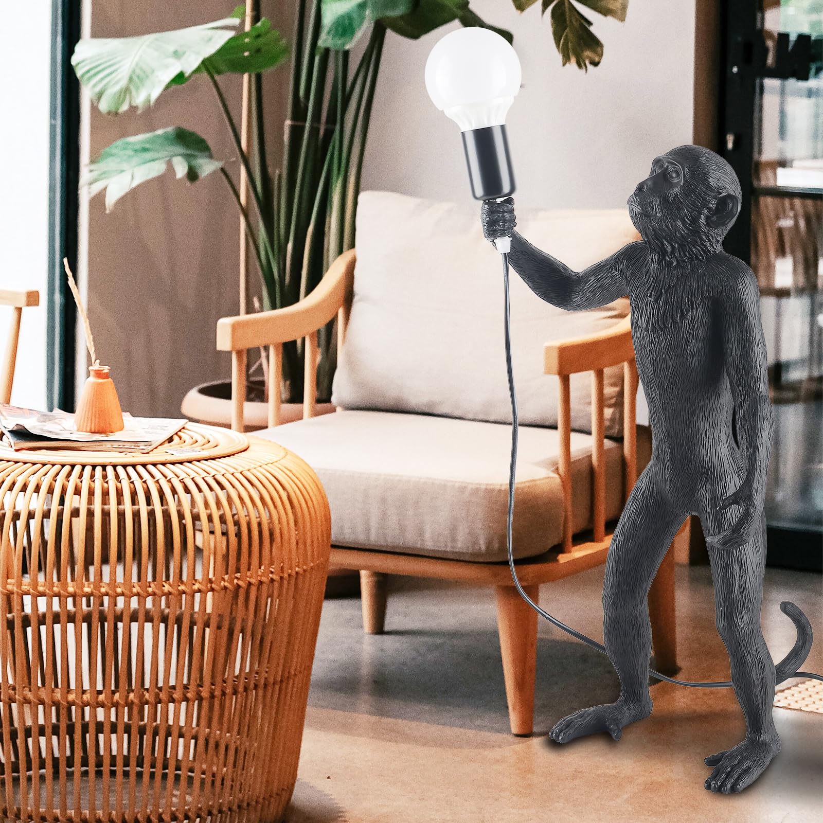CHABEI Modern Resin Standing Monkey Table Lamp Desk Lamp Animal Lamp Bedside LED Light for Home Decor Living Room  Bedroom  Home Office  Kids Room(Black-Standing)