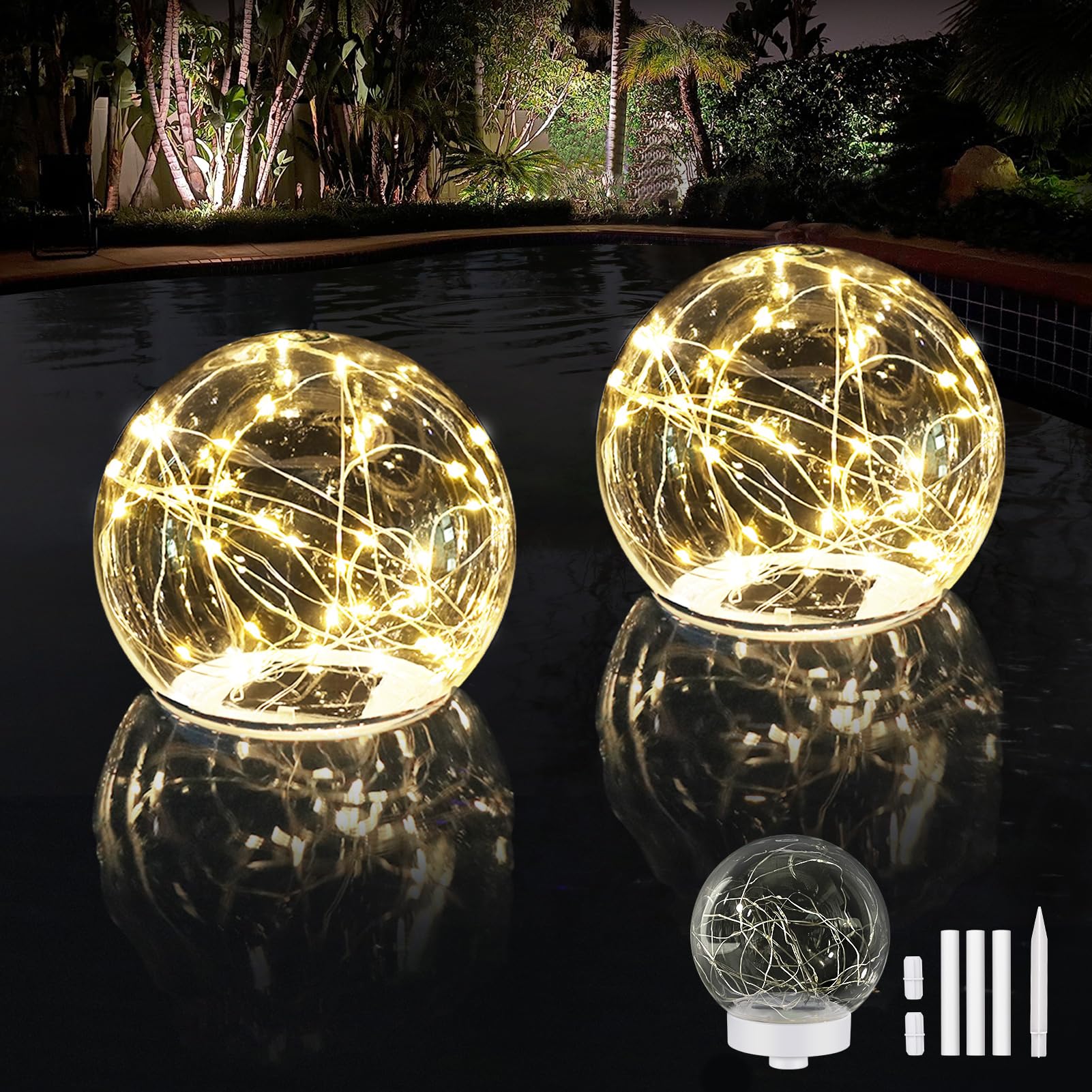 Solar Floating Pool Lights, 5.9'' Glow in The Dark Warm White Pool Lights That Float, 2-in-1 Design Float or Insert Solar Globe 