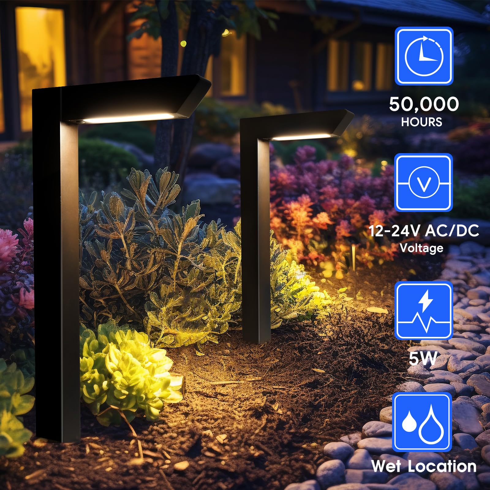 Energetic 5Cct Low Voltage Landscape Lights  5W 200Lm Ip65 Waterproof Led Pathway Lights  50000 Hrs  Outdoor Landscape Lighting  Square Modern Side Lit  Die-Cast Aluminum Housing  Etl  Black  6 Pack