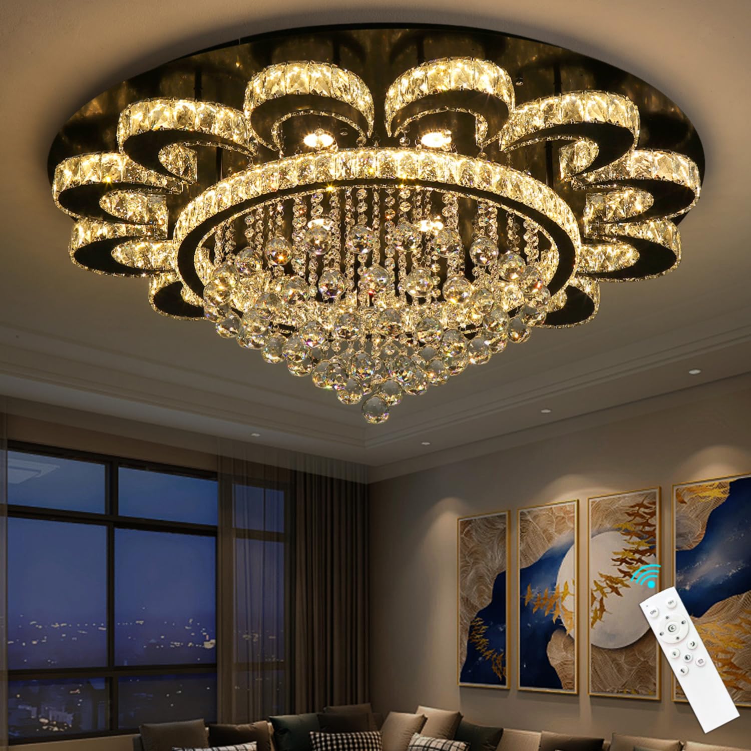 HAIXIANG Modern Chandelier Living Room Light Glam Chandeliers Ceiling Light Fixture Remote Dimmable Lights 40 Inches Elegant Crystal Black Dining Room Lights
