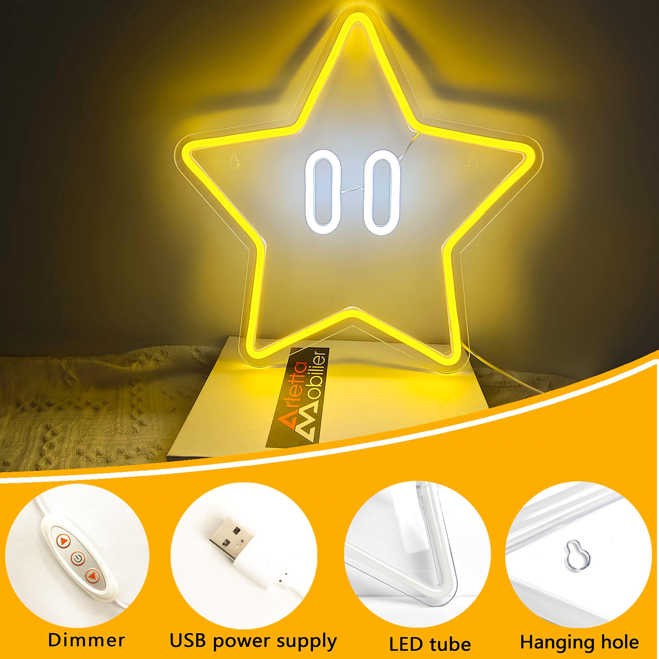JIARODEY Star Neon Sign, Yellow Acrylic Gaming Wall Decor, 13.7x13.7in, Kids Room, Man Cave, Super Star Gamer Gift