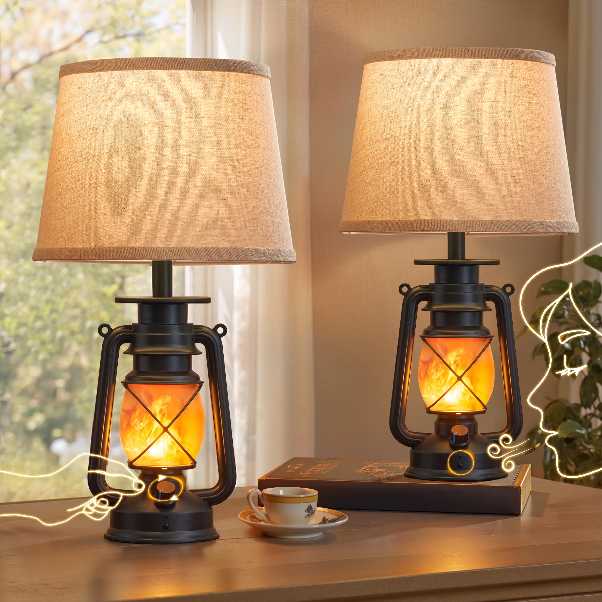LEDIARY 18.72'' Blow-Controlled LED Lantern Flickering Flame Table Lamps for Bedrooms Set of 2, Small Farmhouse Rustic Black End