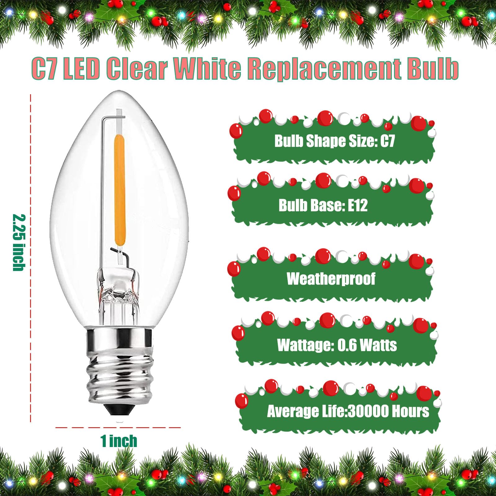 25 Pack C7 Led Night Light Bulbs, C7 Led Christmas Replacement Light Bulbs For Outdoor String Lights, E12 Candelabra Base Bulbs,