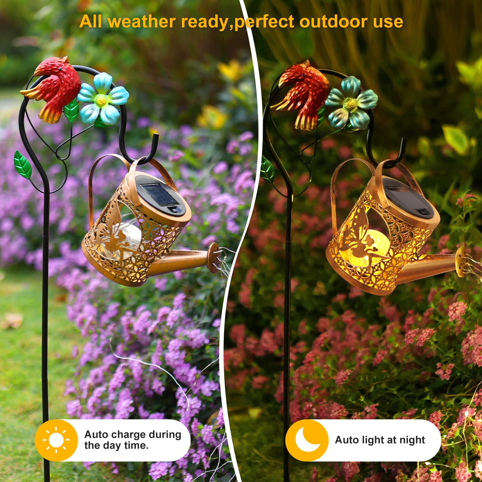 Solar Lights Outdoor Garden Decor Solar Watering Can With Crackle Glass Lights Waterproof Metal Hanging Fairy Lantern For Patio