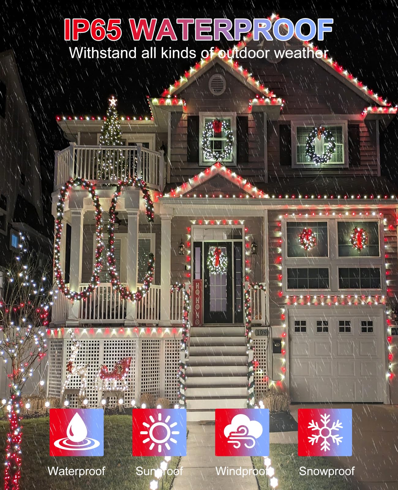 Xmasbokeh 40Ft 120 Led Christmas Lights Outdoor  Red White Christmas String Lights Waterproof  8 Modes & Timer  Connectable Christmas Tree Lights For Indoor House Patio Xmas Holiday Decorations