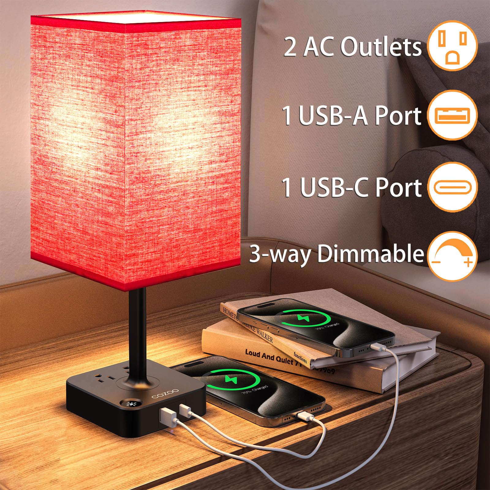 Cozoo Usb Bedside Table Desk Lamp With 2 Usb Charging Ports And 2 Outlets Power Strip,Dimmable Table Lamp With Red Fabric Shade,