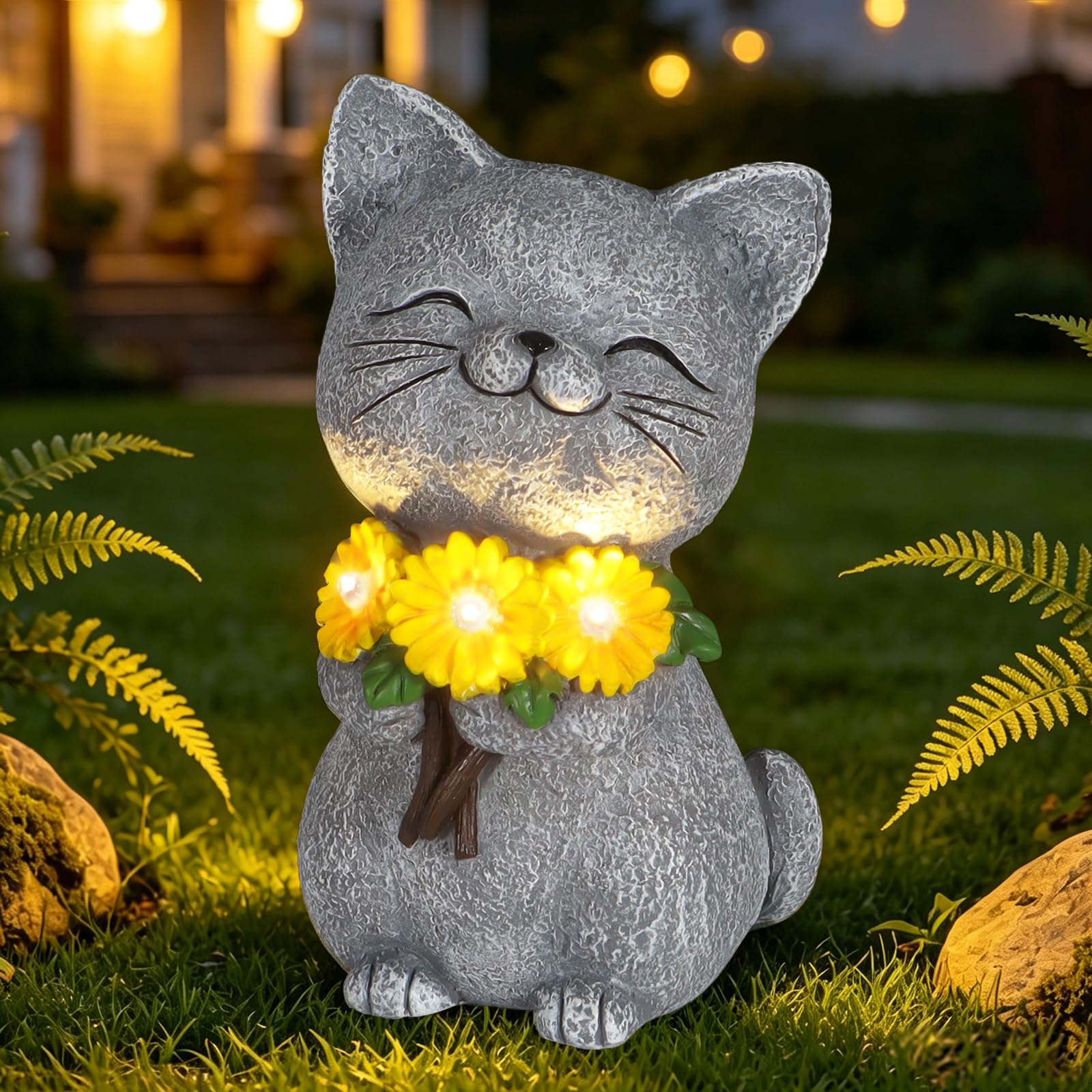 Solar Garden Statues Cat with Daisy and LED Lights Birthday Gifts for Women Mom Grandma Solar Outdoor Cat Decor for Outside,Outd