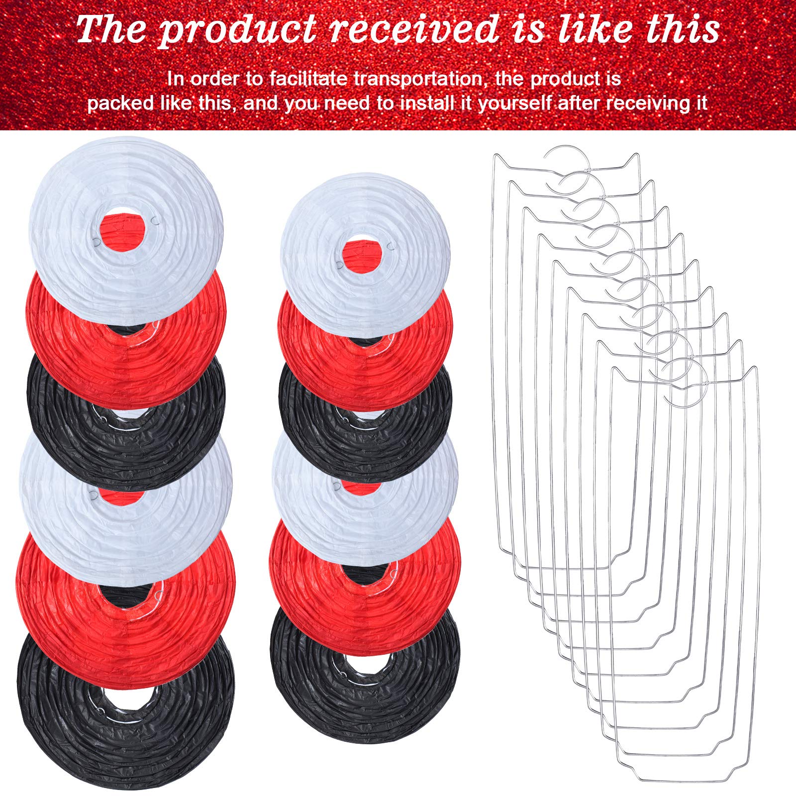 Tenare 12 Pcs Round Paper Lanterns - Black, White, Red - Decorative Hanging For Weddings & Parties