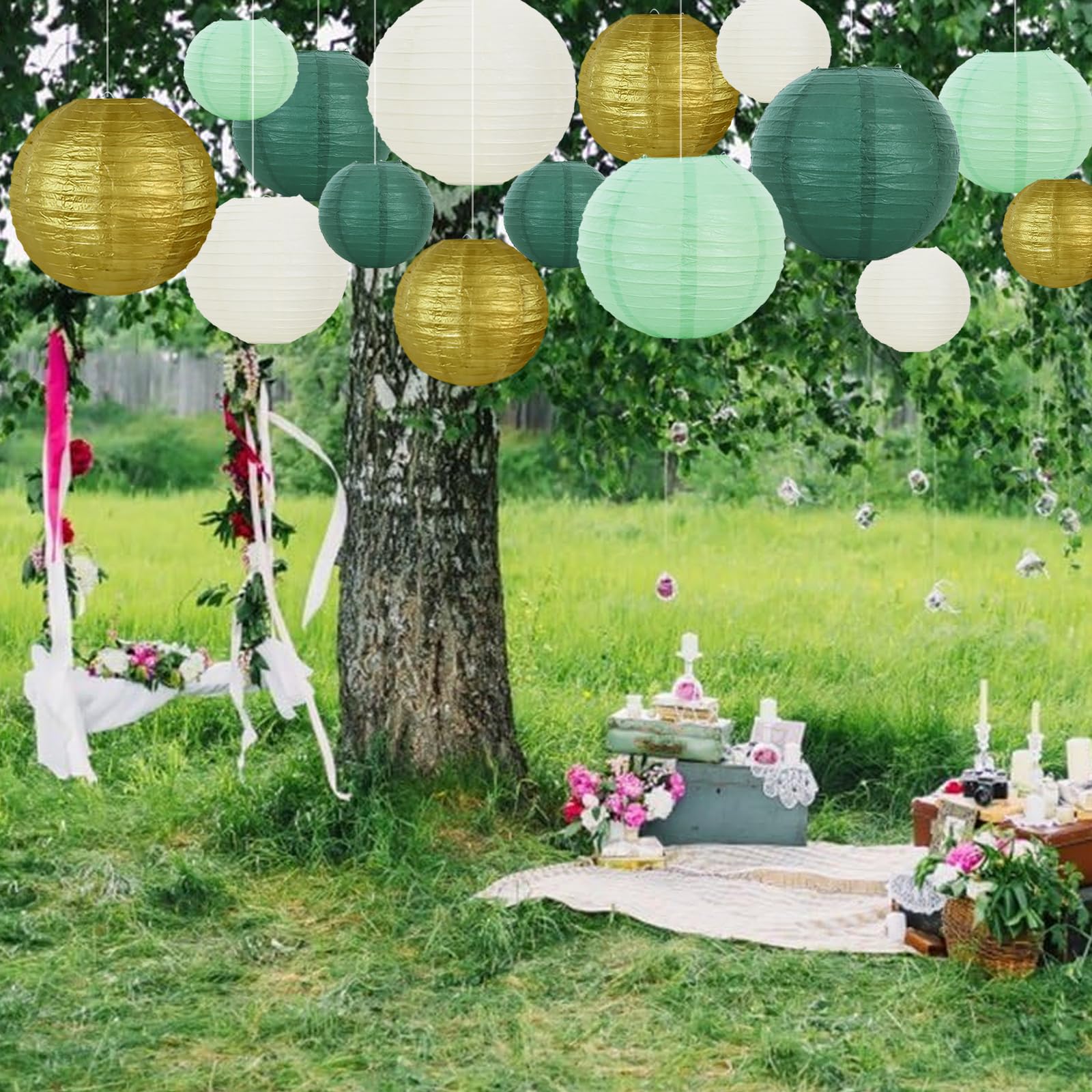 Beishida 16 Pcs Sage Green Gold Paper Lanterns,Hanging Decorative Chinese Japanese Round Paper Lantern Lamp For Birthday Wedding