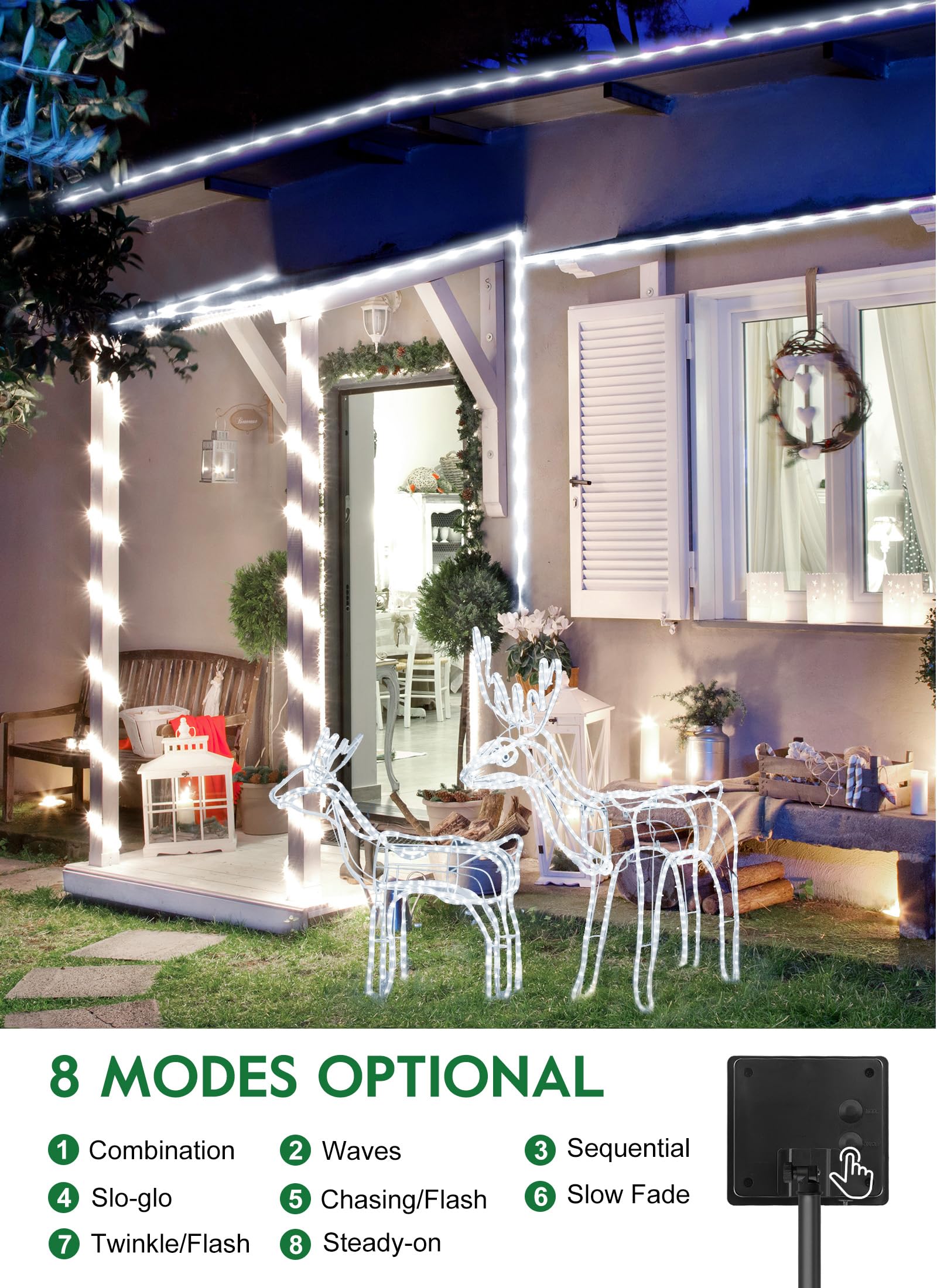 Brightown Solar Rope Lights, Ip65 Waterproof 39Ft 100Led Outdoor Solar String Lights Solar Powered Fairy Lights With 8 Lighting Modes For Party Garden Yard Home Holiday Tree Decoration, Pure White