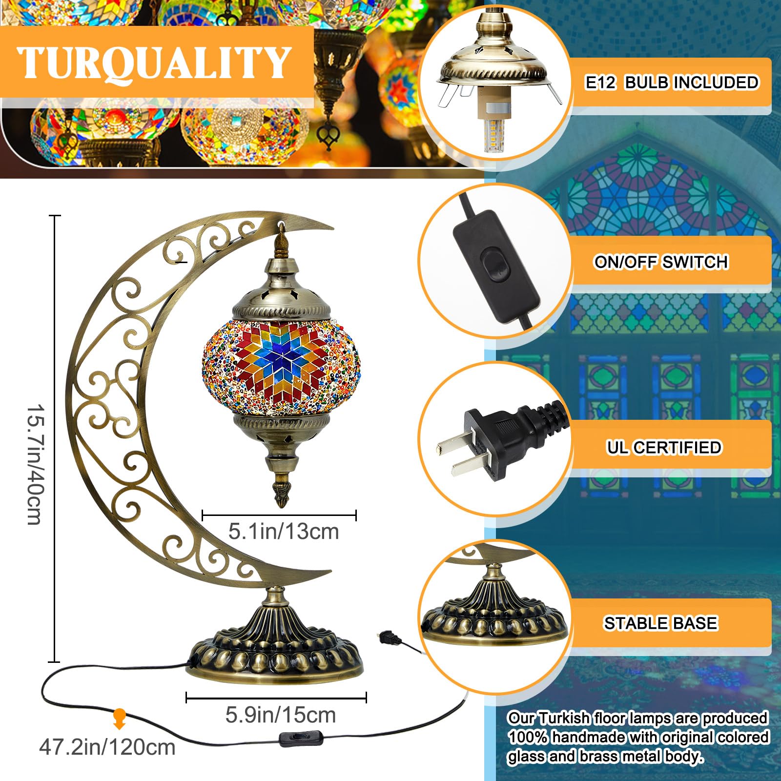 Hortsun Turkish Lamp Moon Shaped Moroccan Lamp Turkish Mosaic Stained Glass Table Light With Bronze Base Colorful Moroccan Globe