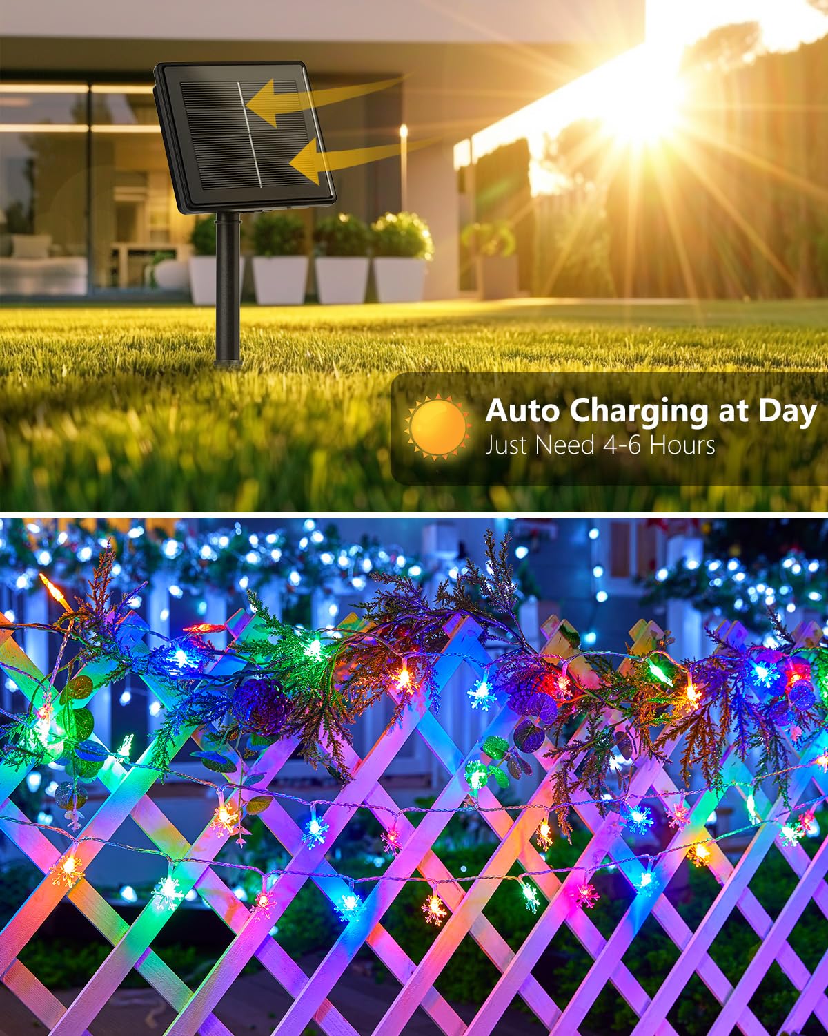 Brightown Solar Snowflake String Lights, 200 LED, 72FT, Multicolor, Waterproof, 8 Lighting Modes for Outdoor and Indoor Use