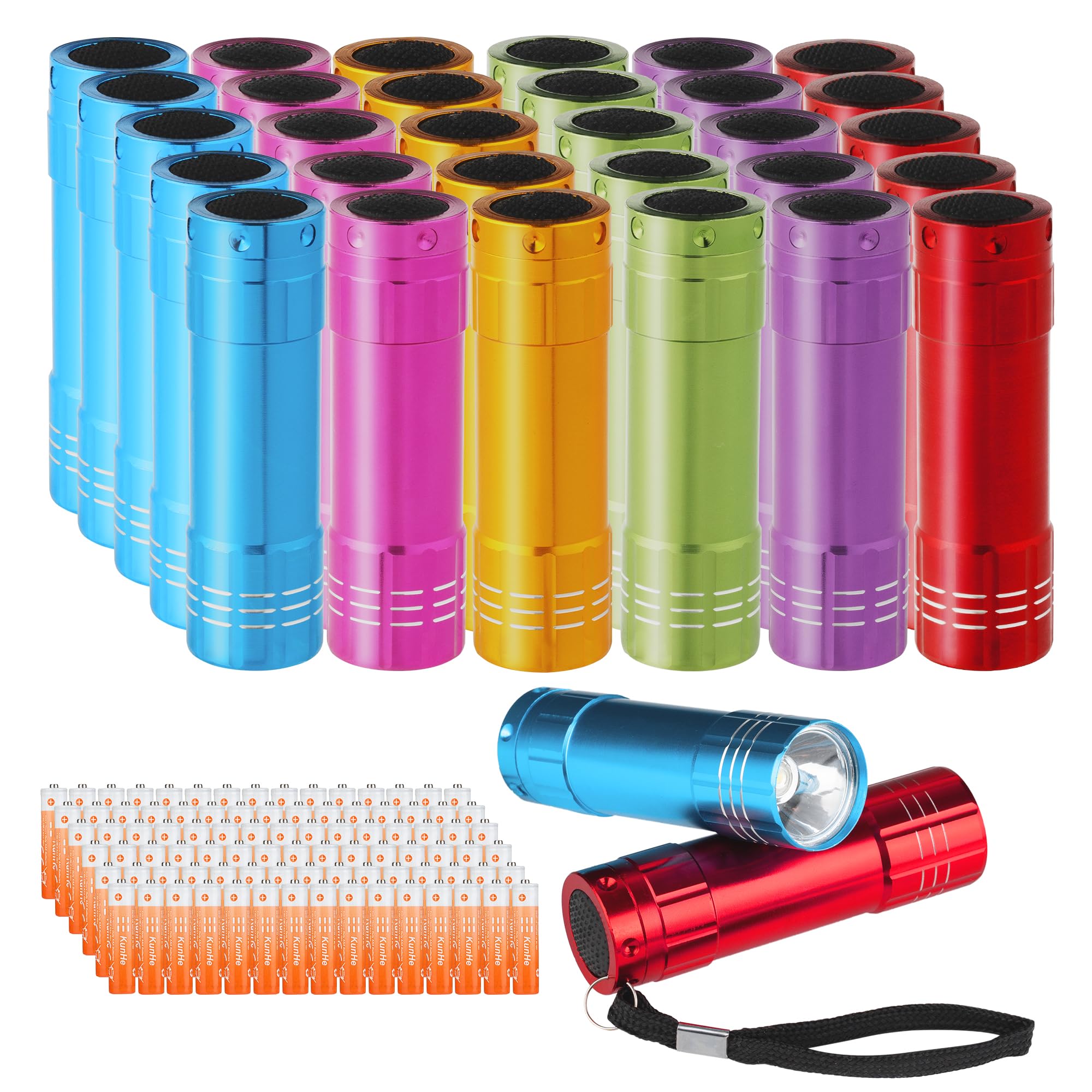 KunHe Mini LED Flashlights 30 Pack, Aluminum Handheld Torches with Lanyard, Assorted Colors, Model 1W-N30