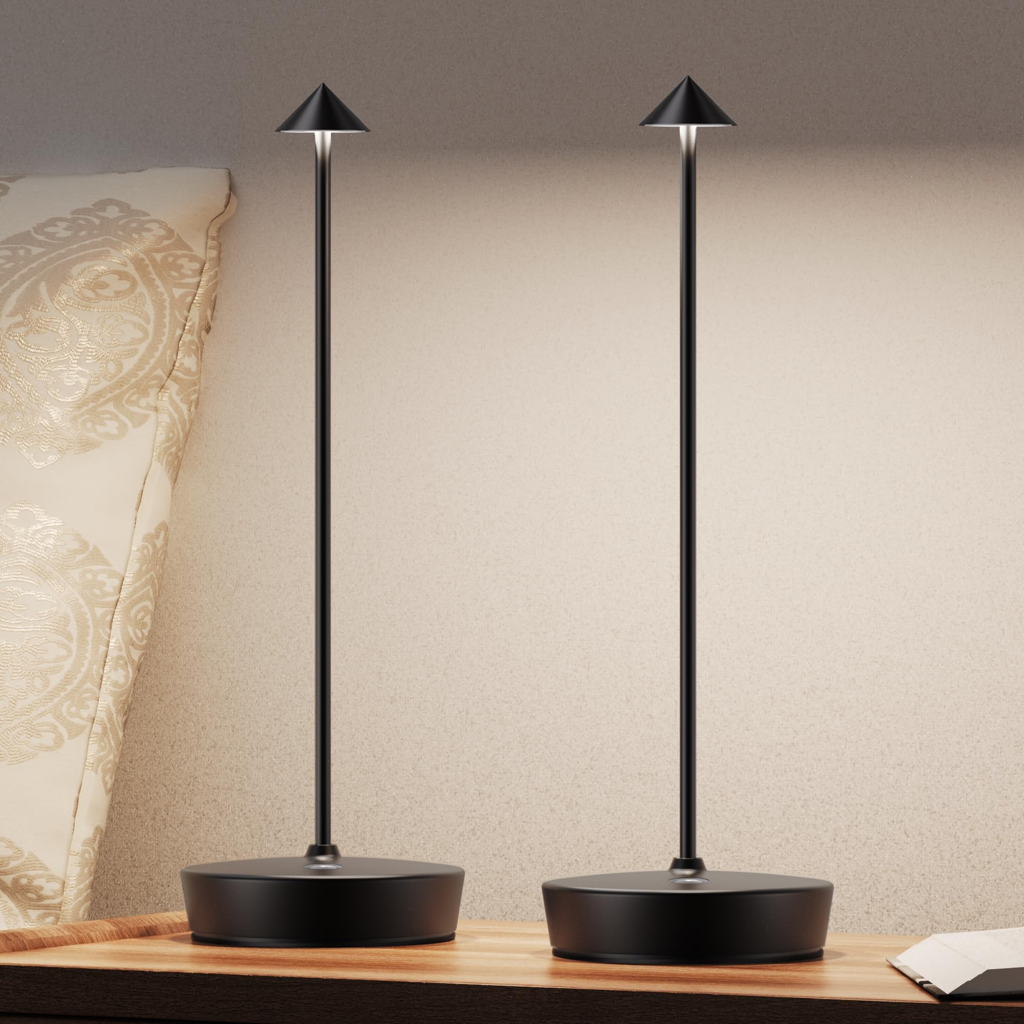 JALVDE Cordless Table Lamp, Rechargeable LED, Dimmable, Aluminum, Black, 2 Pack, Model D-W-07
