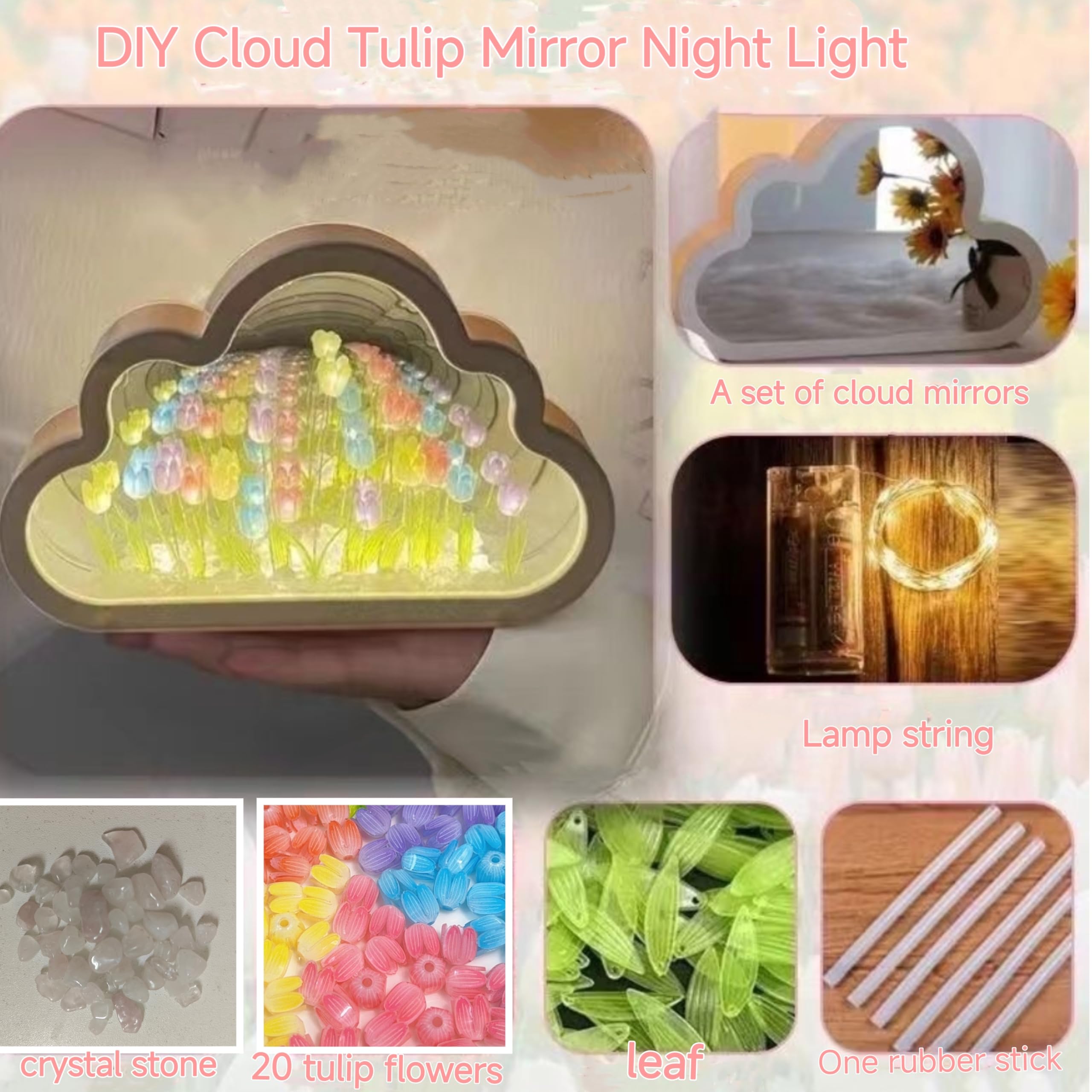 Yckeogln DIY Cloud Tulip Mirror Night Light, Pink Plastic Table Lamp for Bedroom Decor, Model YK-Cloud Tulips Light