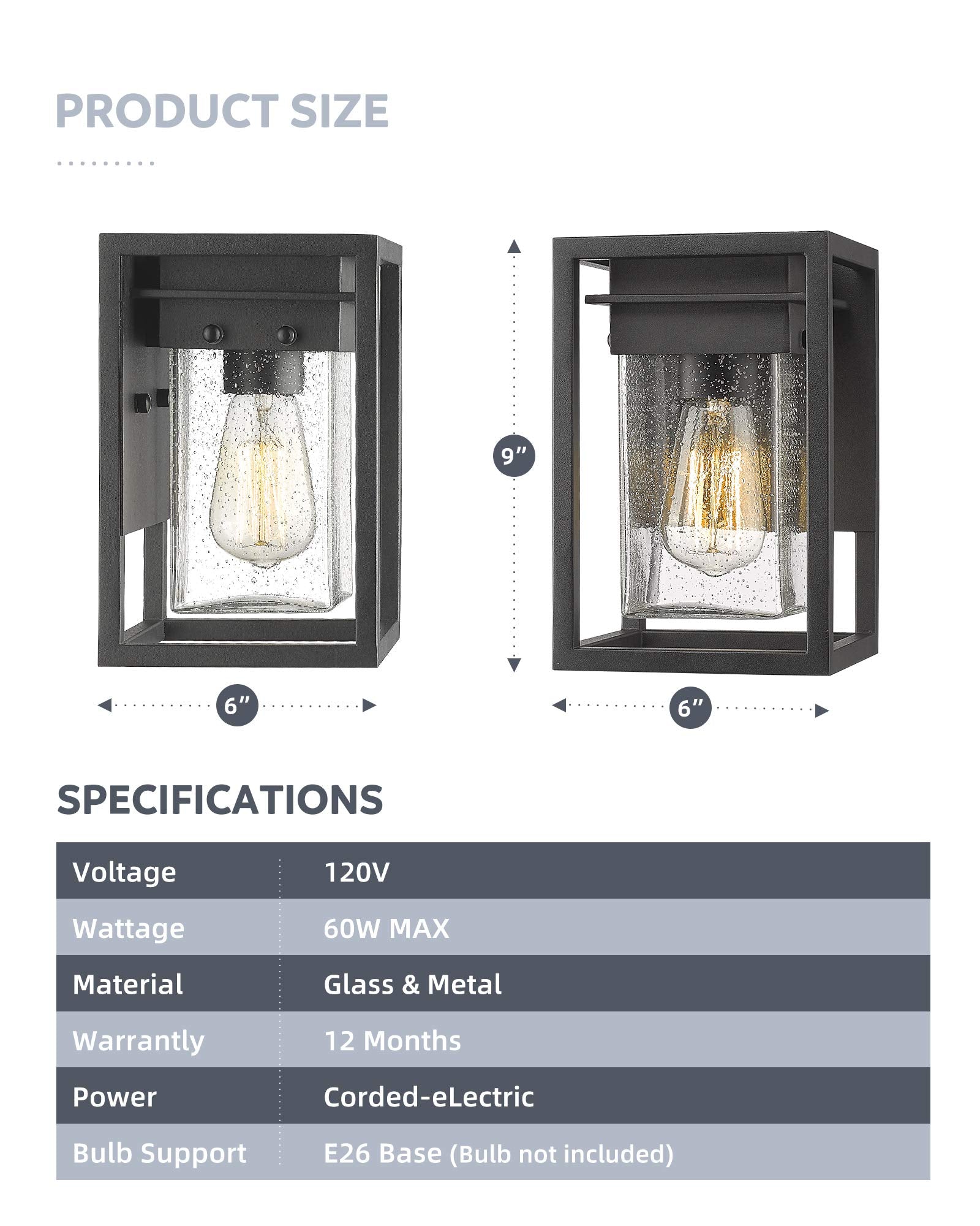 Osimir Outdoor Wall Lights, Black Waterproof Aluminum Fixtures, Modern Square Design, 2103-1W-2PK, Seeded Glass, 2 Pack