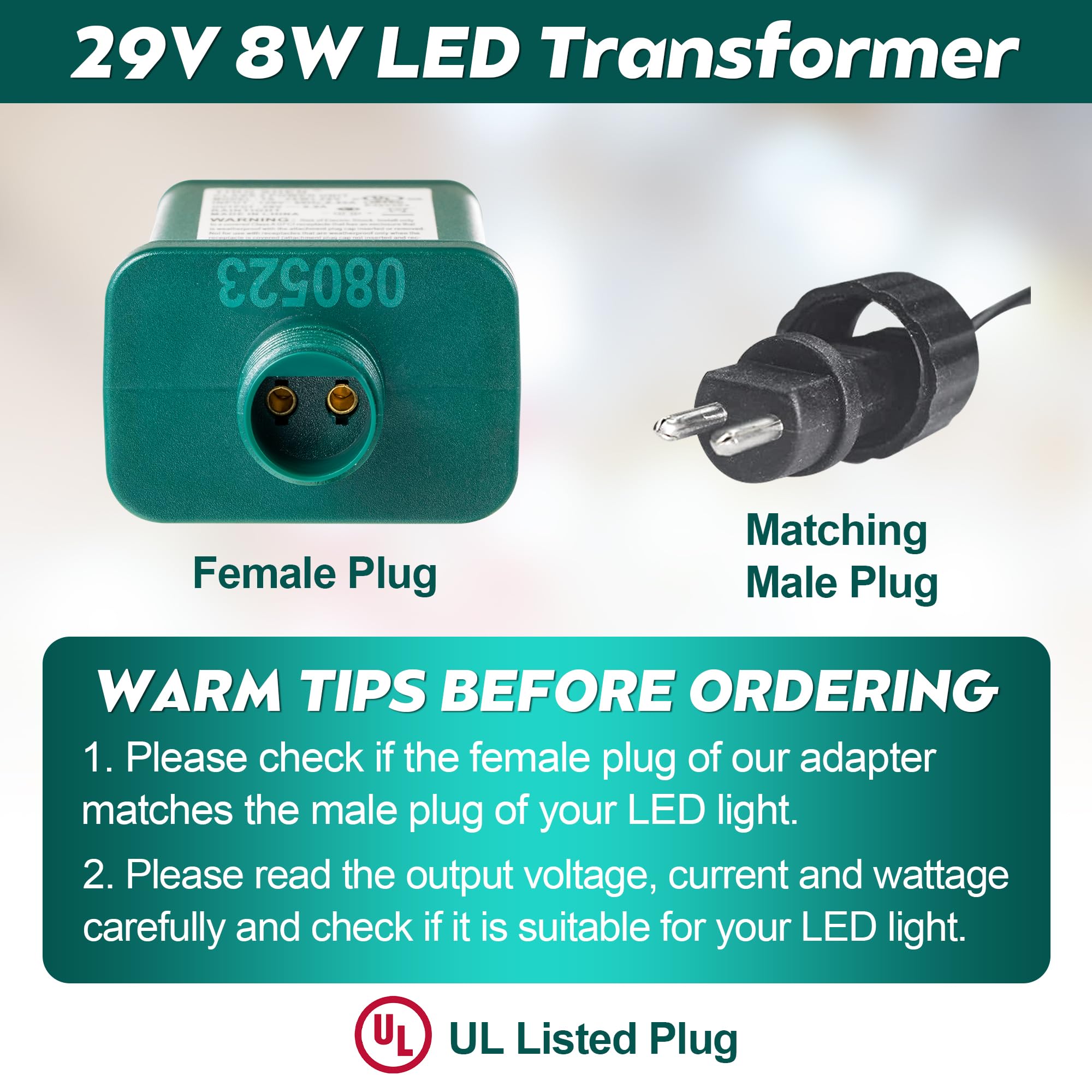 Enhon LED Power Supply TS-8W29V, UL Certified Low Voltage Transformer, Green US Plug Adapter for Christmas Tree Lights