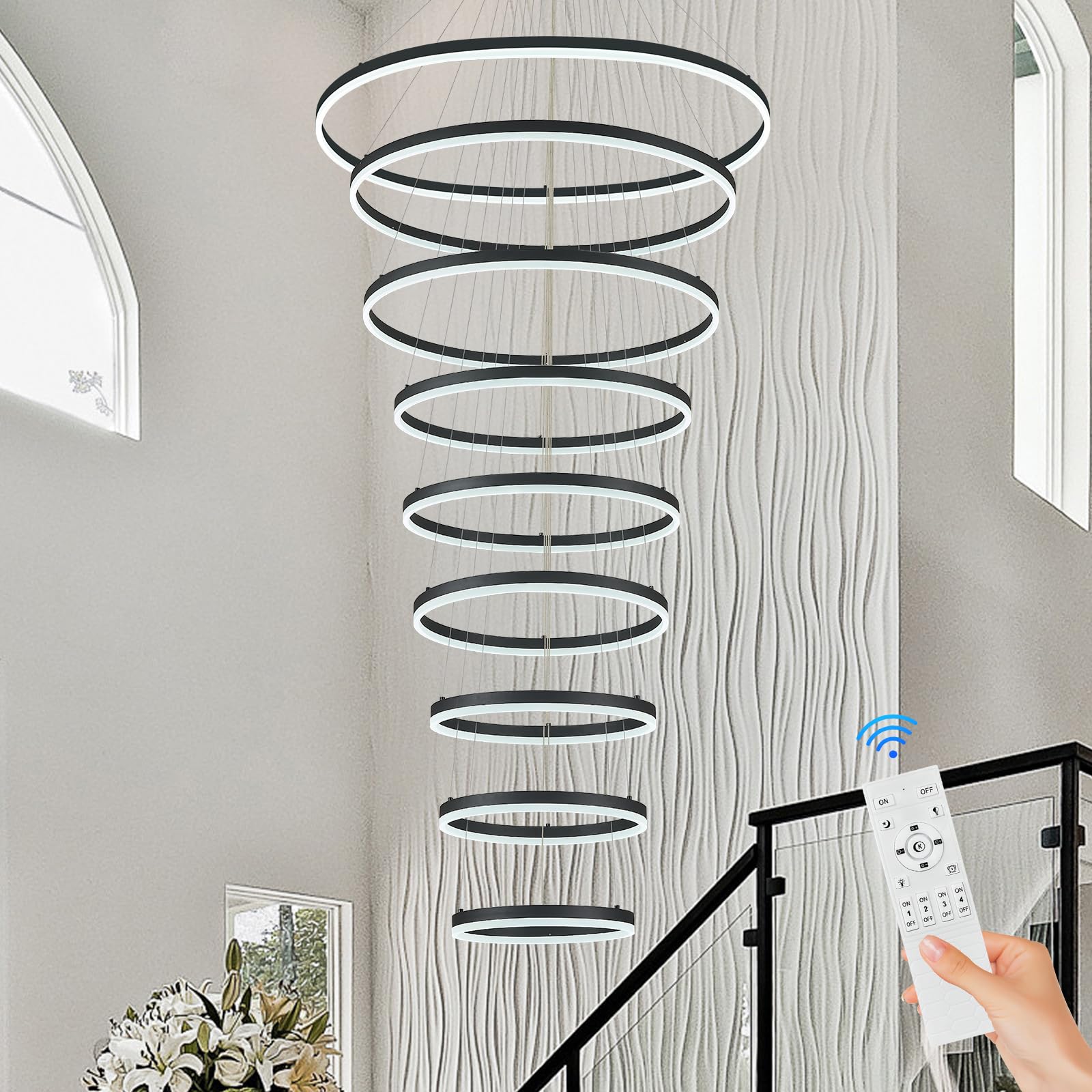 Sparklelf LED Chandelier, 9 Rings, Dimmable, 39.4in, Black, Acrylic, Remote Control, 3000K-6500K for High Ceilings