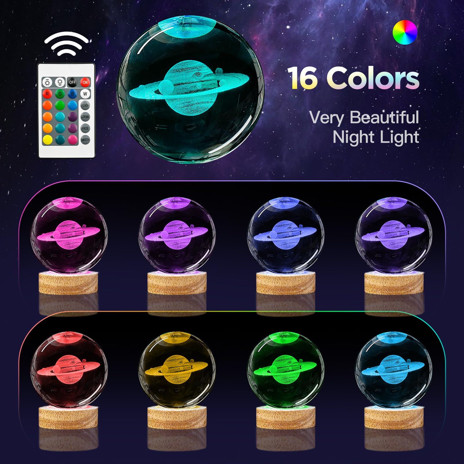 3D Saturn Crystal Ball Night Light With Woodern Base, 3.15 In Galaxy Planets Glass Ball Lamp With 16 Colors And Remote Control C