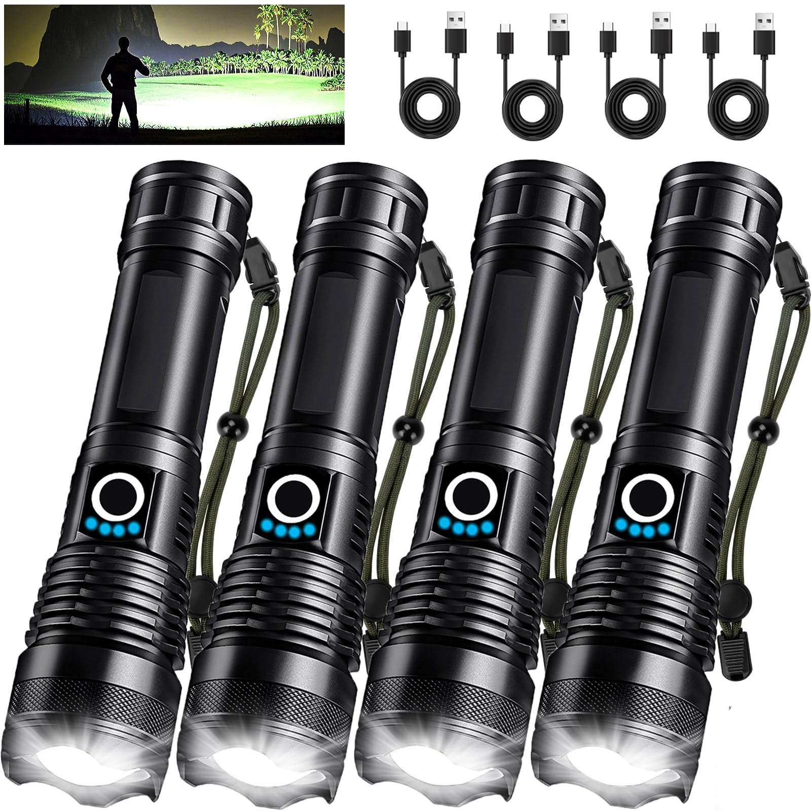 4 Pack Rechargeable LED Flashlights High Lumens, 90,000LM Super Bright Flashlight, Adjustable Powerful Flash Light with USB Cabl