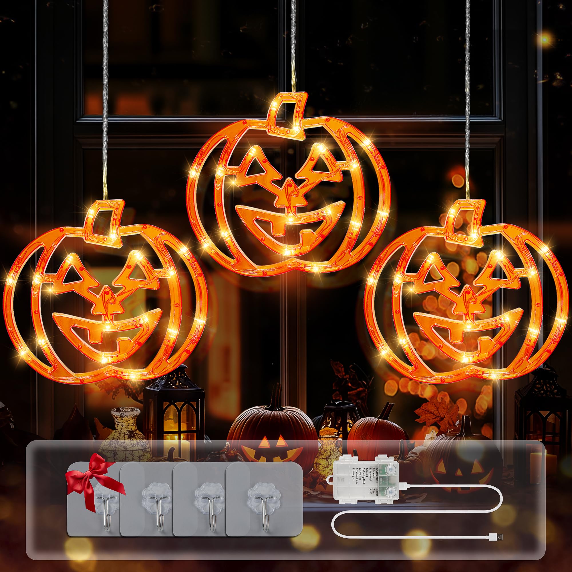 BEEWIN Halloween Window Lights, 48 LED 3 Orange Pumpkin Halloween Lights with Timer, 8 Modes Waterproof USB and Battery Operated