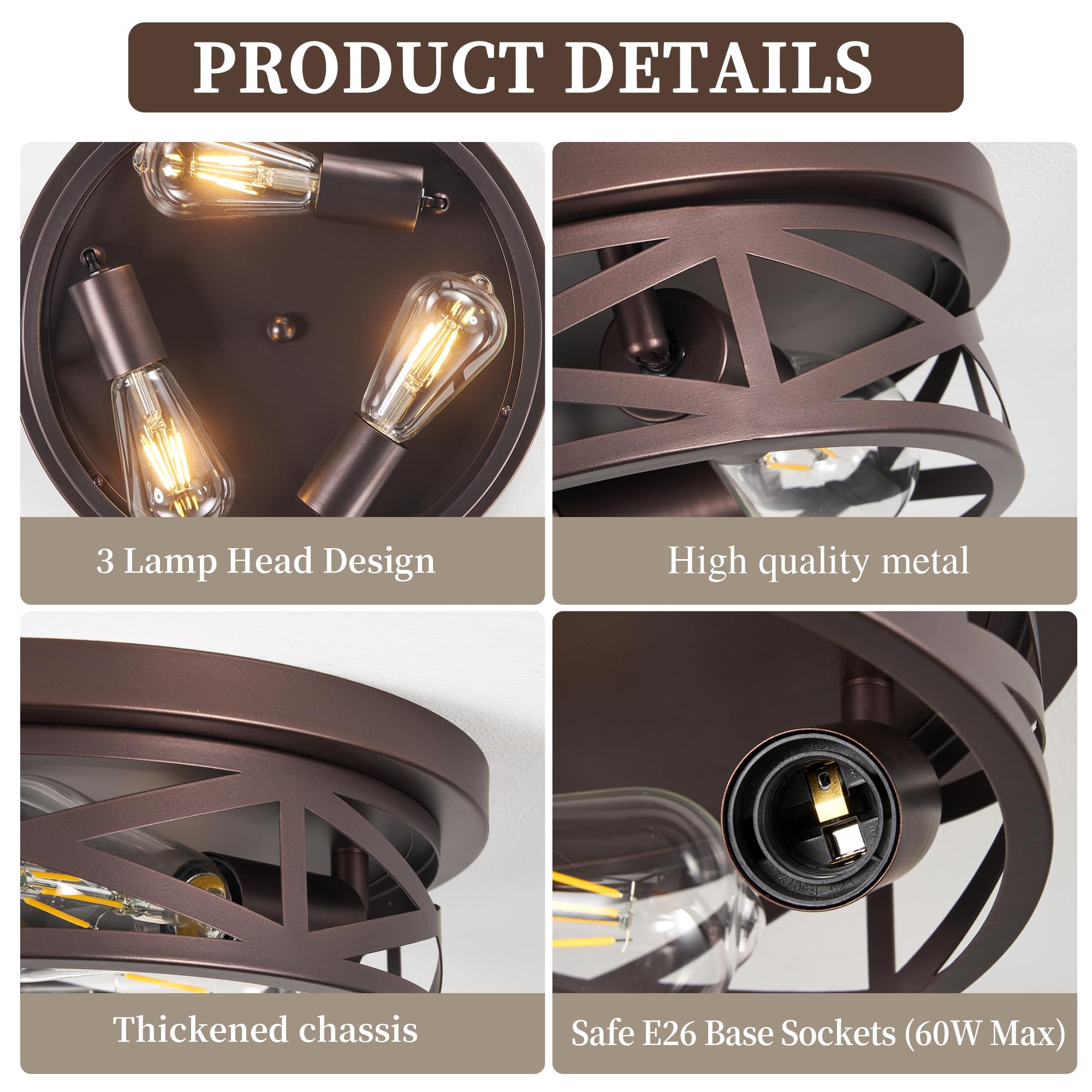 piano7797 3-Light Flush Mount Ceiling Light, Brown Metal Fixtures, 2 Pack, Model PACL003