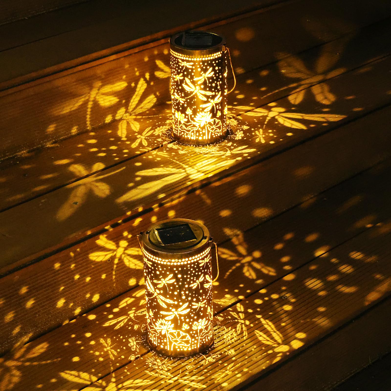Fabuday Dragonfly Lotus Solar Lanterns - 2 Pack, Waterproof, Metal, Bronze, Model 230 for Outdoor, Garden, Patio, Porch Decor