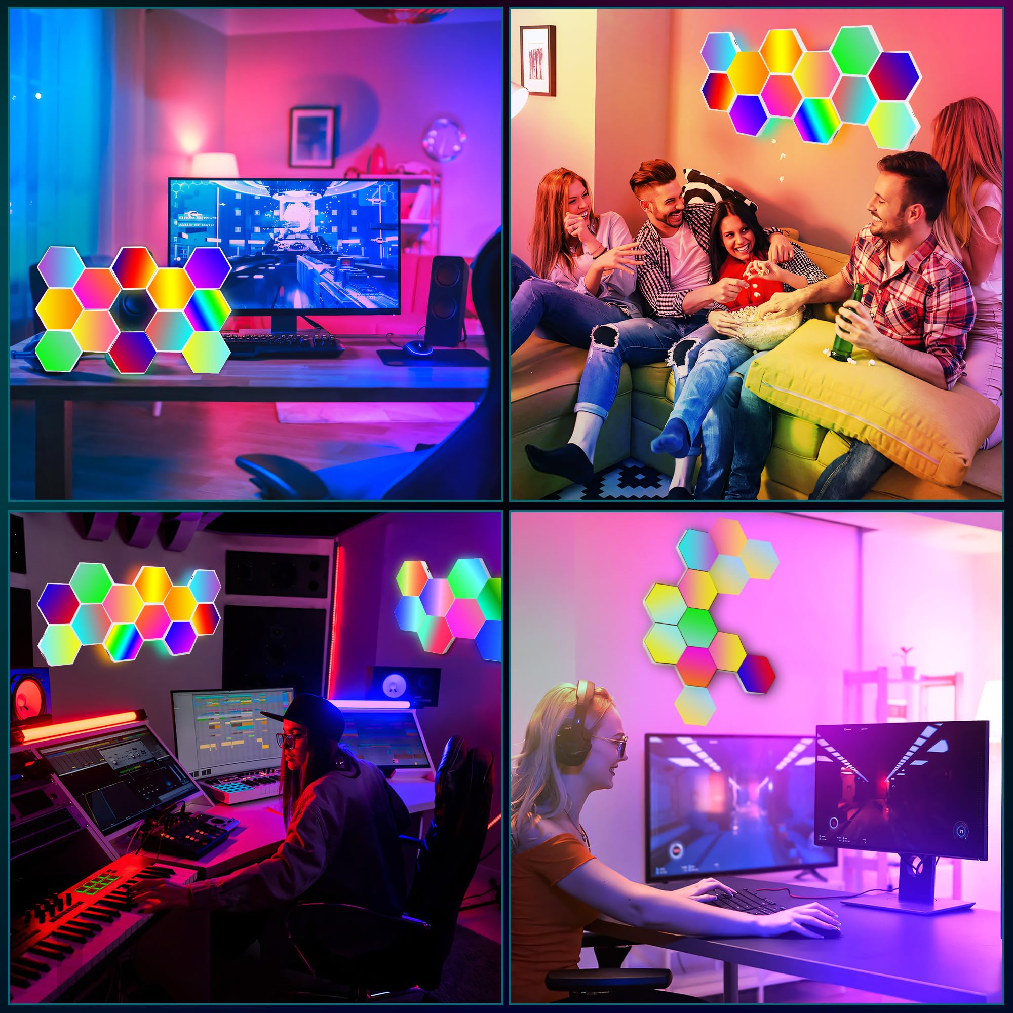 Hervika 12 Pack Diy Hexagon Led Lights, Music Sync Rgb Gaming Lights With App Smart Wall Lights For Bedroom Living Room Decor