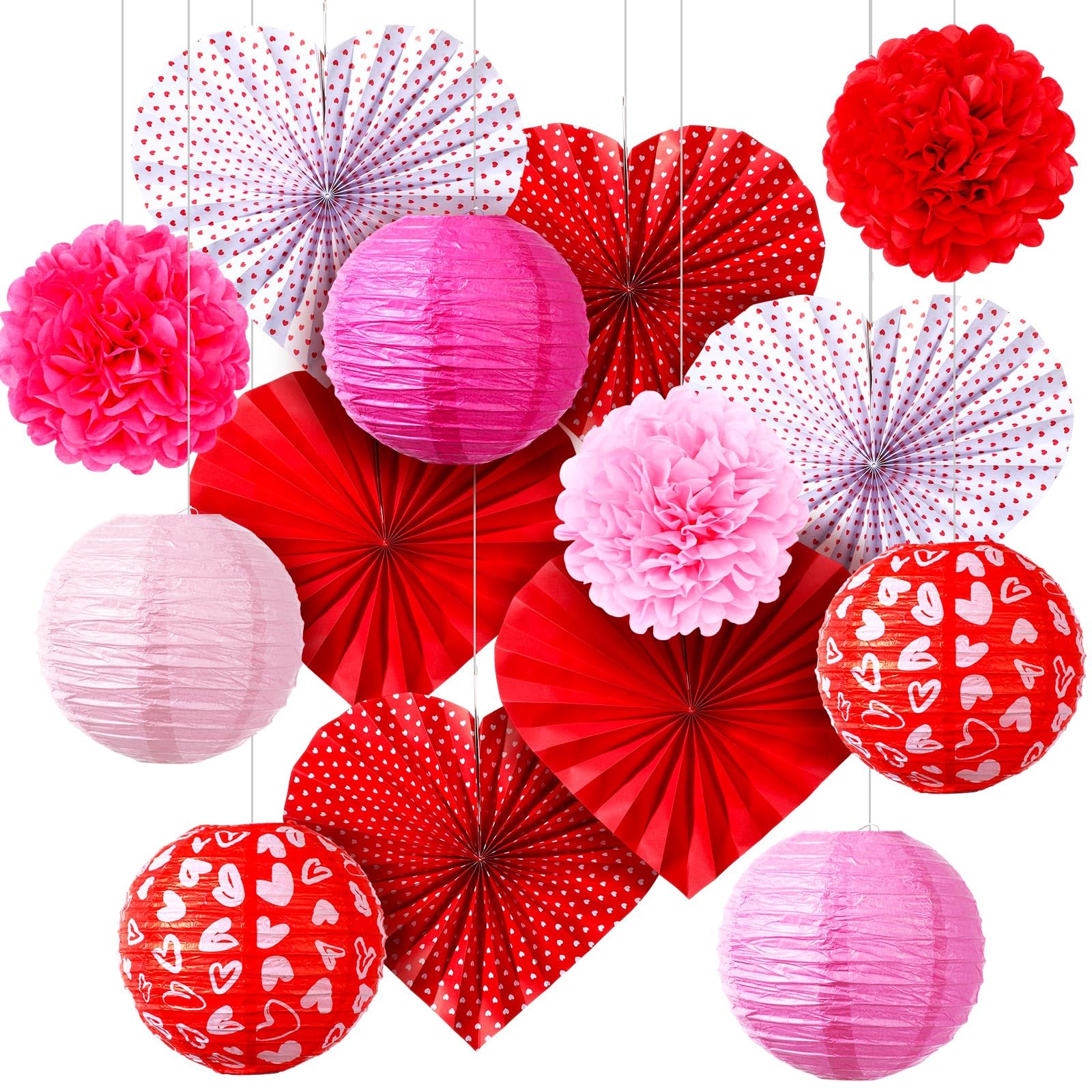 14 Pcs Valentine s Day Decoration Set Include Valentine s Day Hanging Paper Lanterns Tissue Pom Poms Decor Hanging Heart Paper