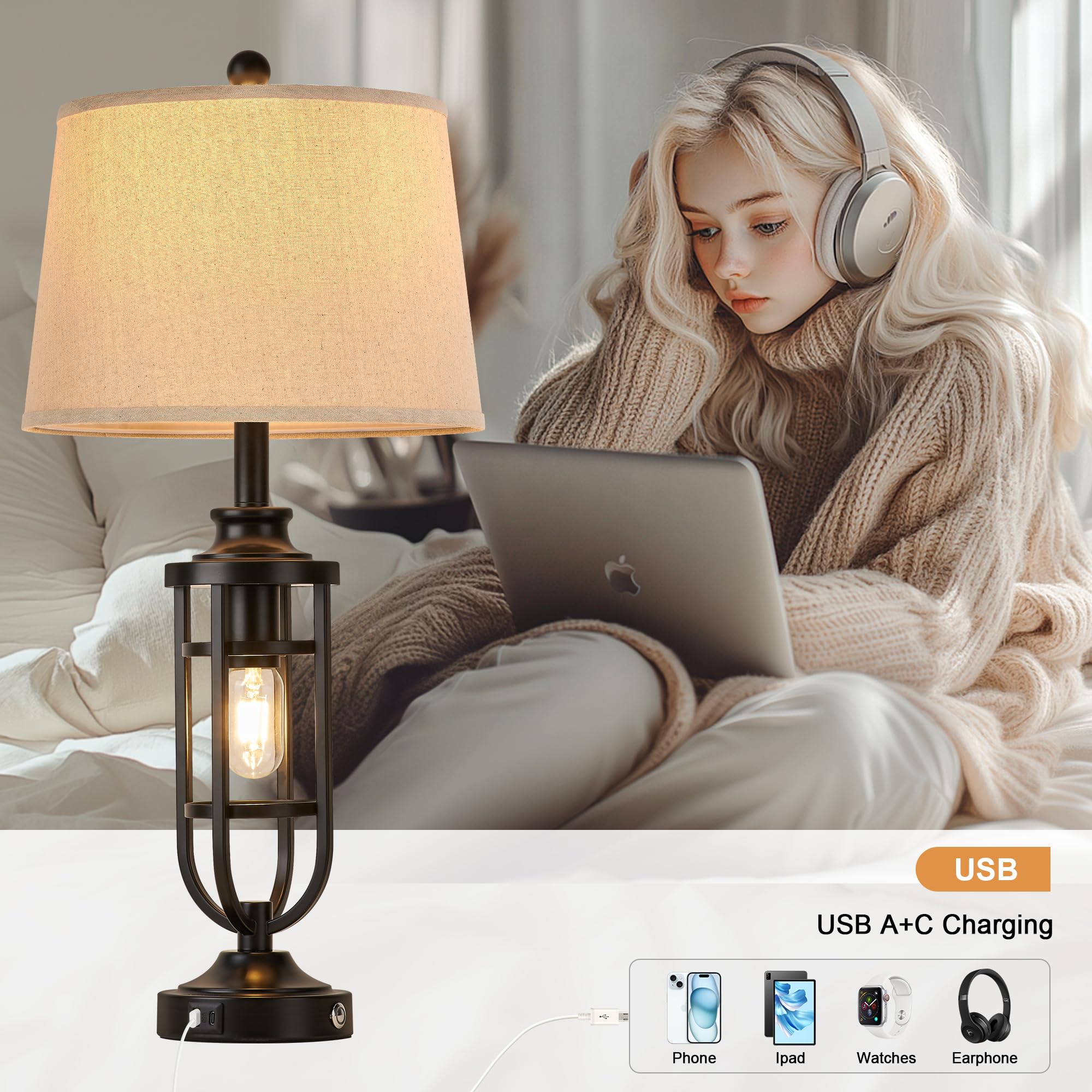 Srjjrs 28'' Black Table Lamps For Living Room Set Of 2, Farmhouse Lamps For Nightstand With Usb A+C, Rustic Bedside Lamps For Be