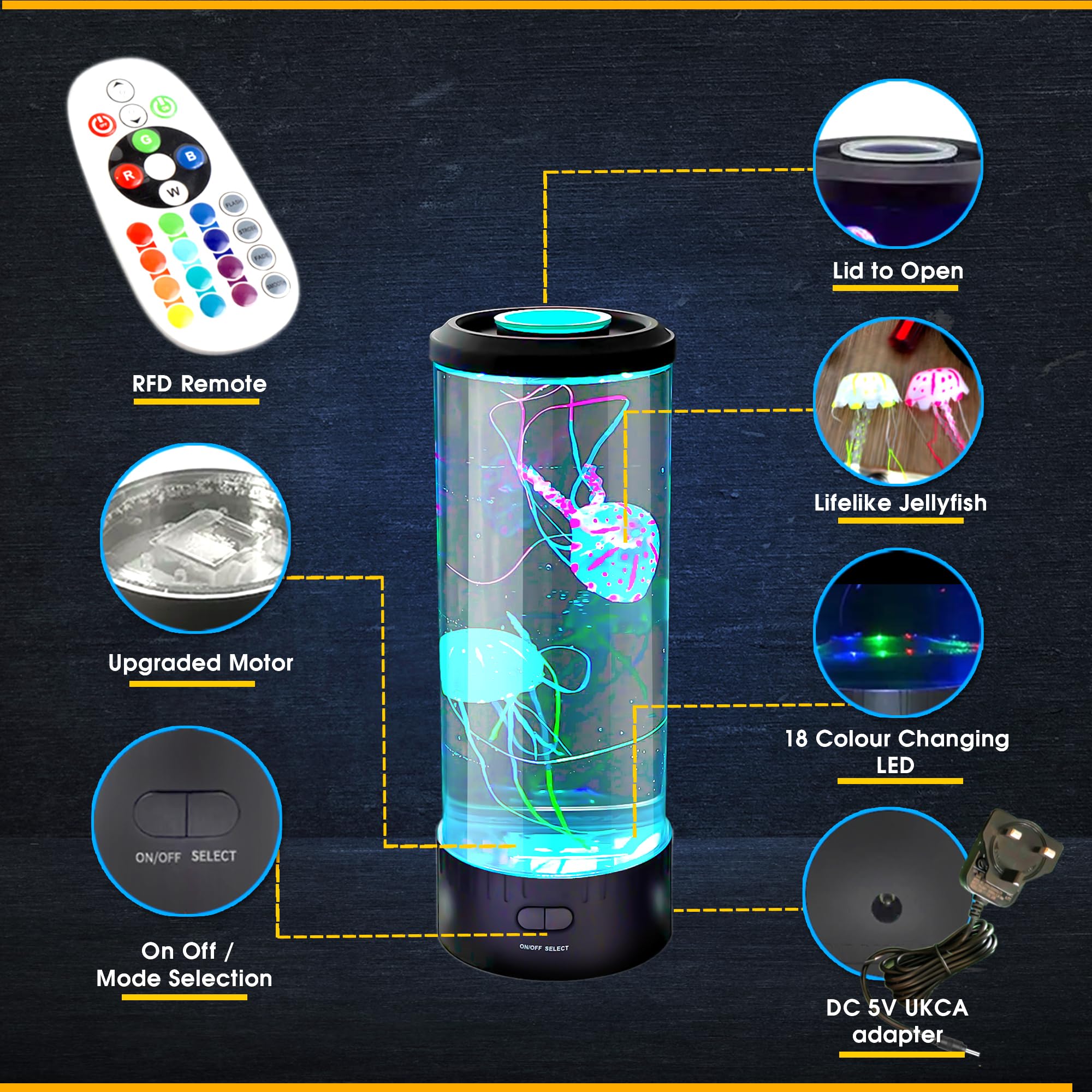 Brewish Jellyfish Lamp - 14 Led Aquarium Light, Black, Remote Control, Lifelike Home Decor For Men, Women & Kids