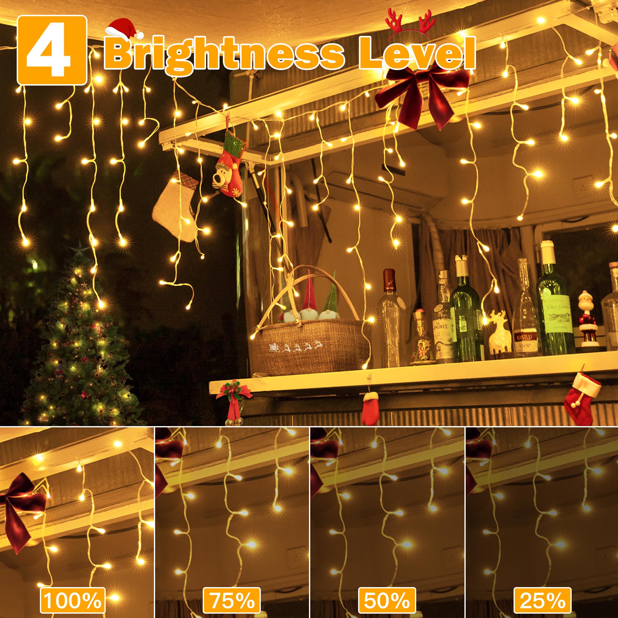 Ollny Icicle Lights Outdoor 594 Led Warm White, Waterproof, 49Ft With Remote, 8 Modes, Model Hg-29V594Bc