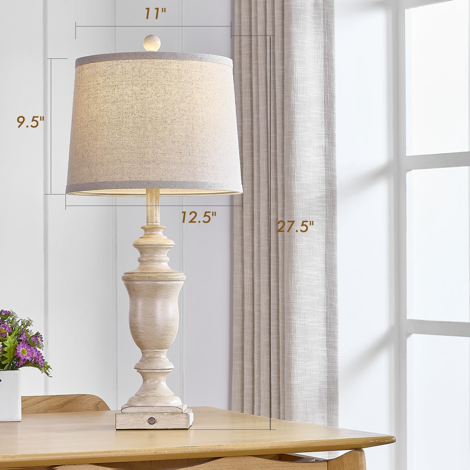 SAIWEYA Farmhouse Table Lamps Set of 2, 3 Way Dimmable, USB & AC Outlet, 27.5in, Antique Beige, Model TM-T04