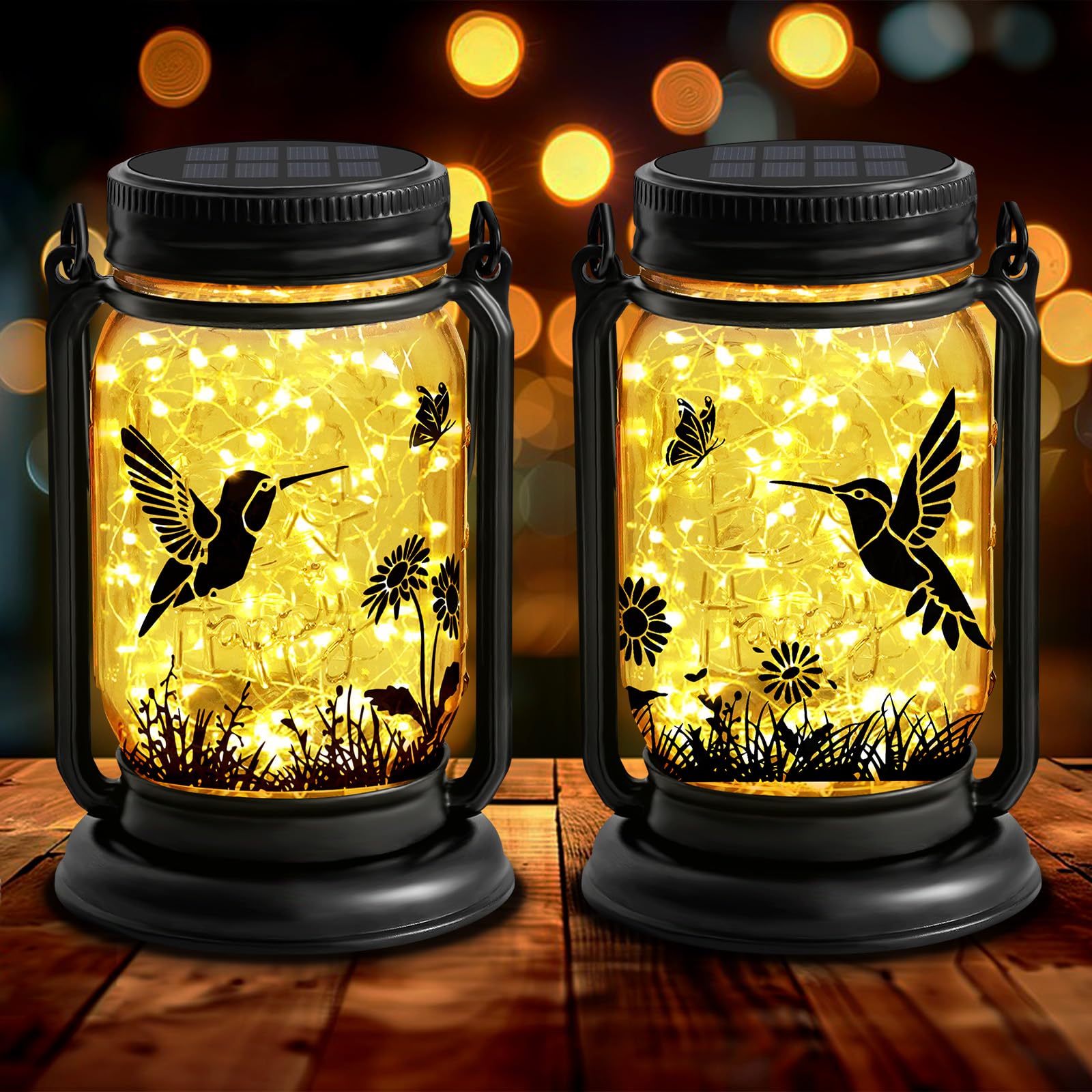 YJFWAL Hummingbird Solar Lanterns, 2 Pack, Vintage Glass, Warm White, Waterproof, Garden Lights, Model NEW-Hummingbird fugumeisen-2P
