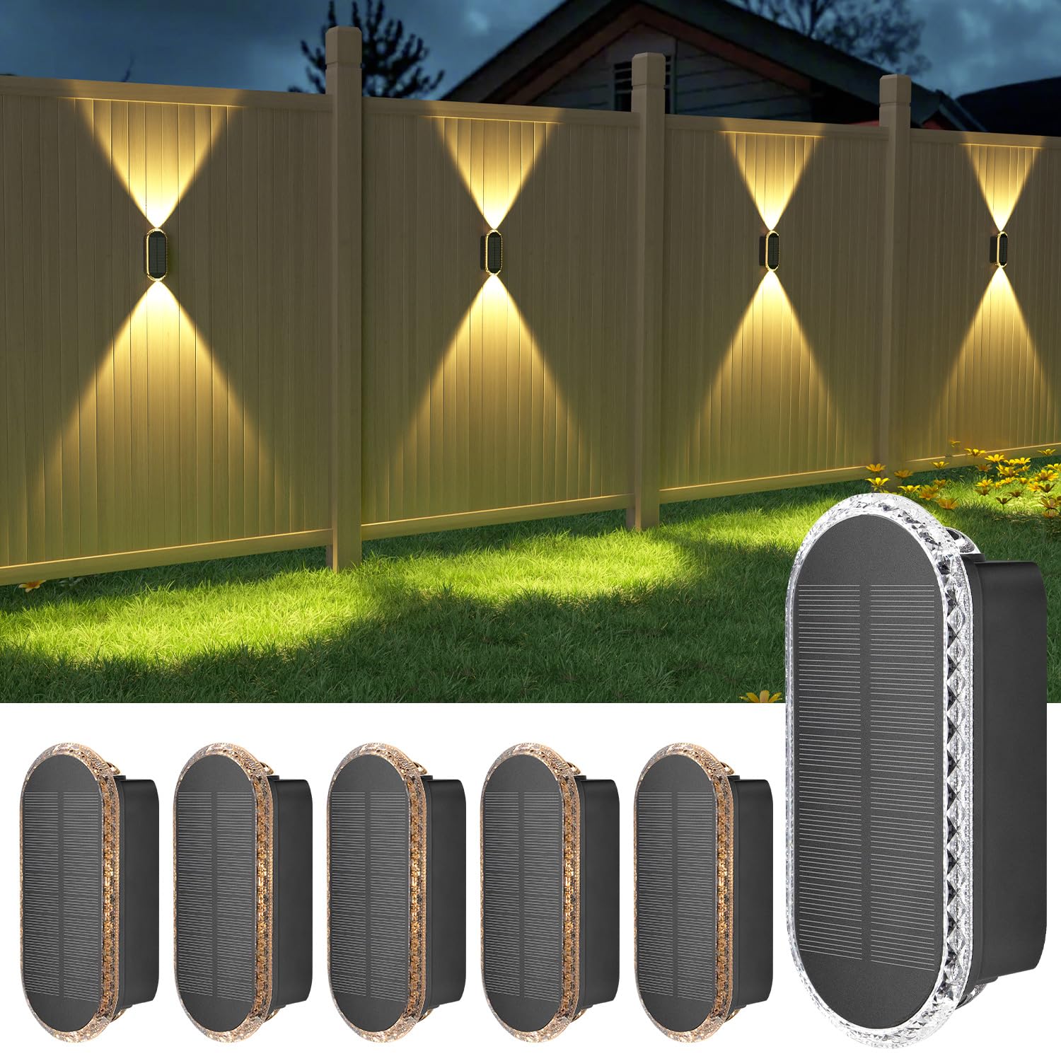 Ellasay Solar Fence Lights Outdoor,6-Pack Solar Powered Wall Lights Up and Down Waterproof IP65,3 Color Brighter LED Focus Lens 